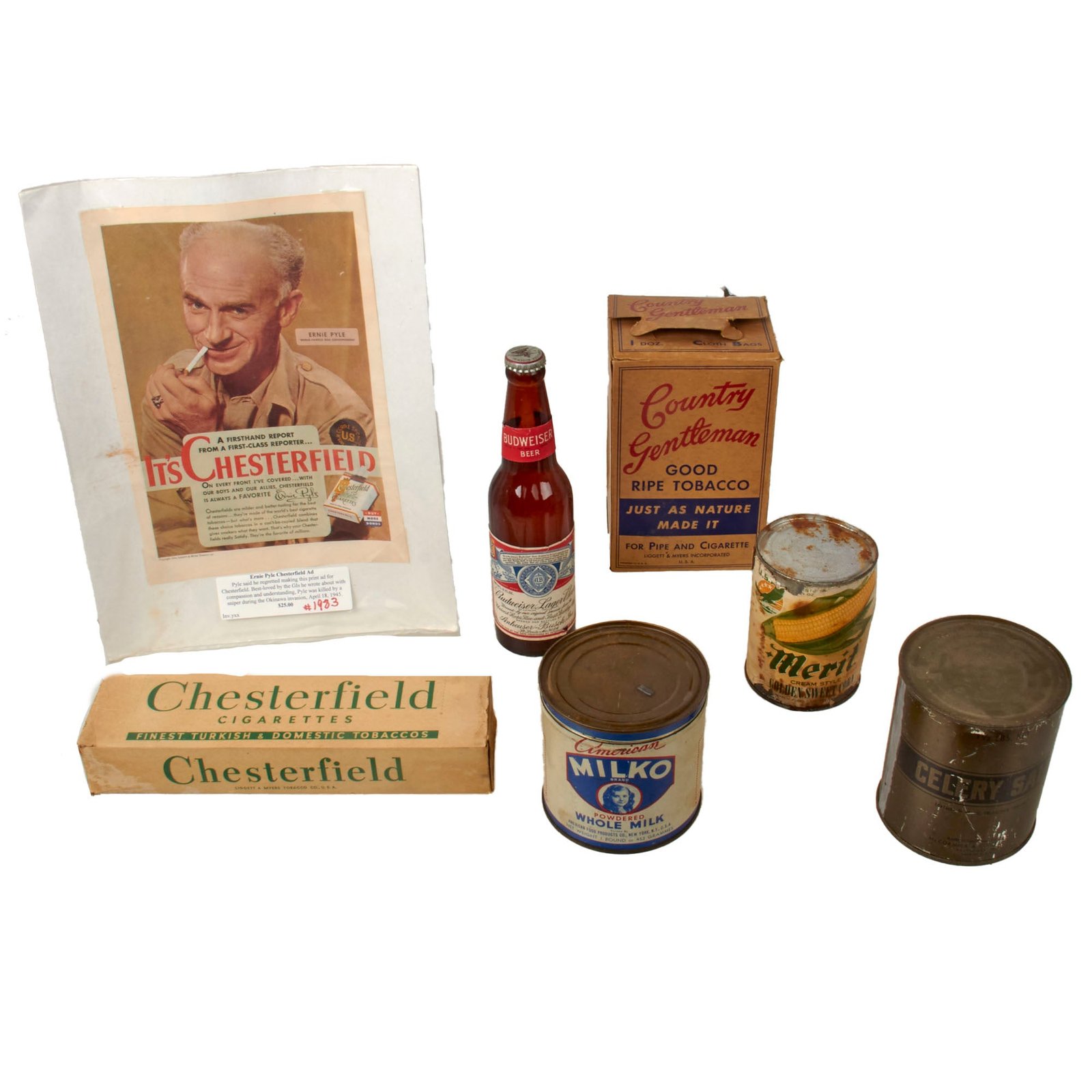 Buy Original U.S. WWII Personal Effect Items Lot Including 1942 Budweiser Beer Bottle, Sealed Cream Corn & Various Ration Tins & Boxes | Original Firearms Antique For Sale