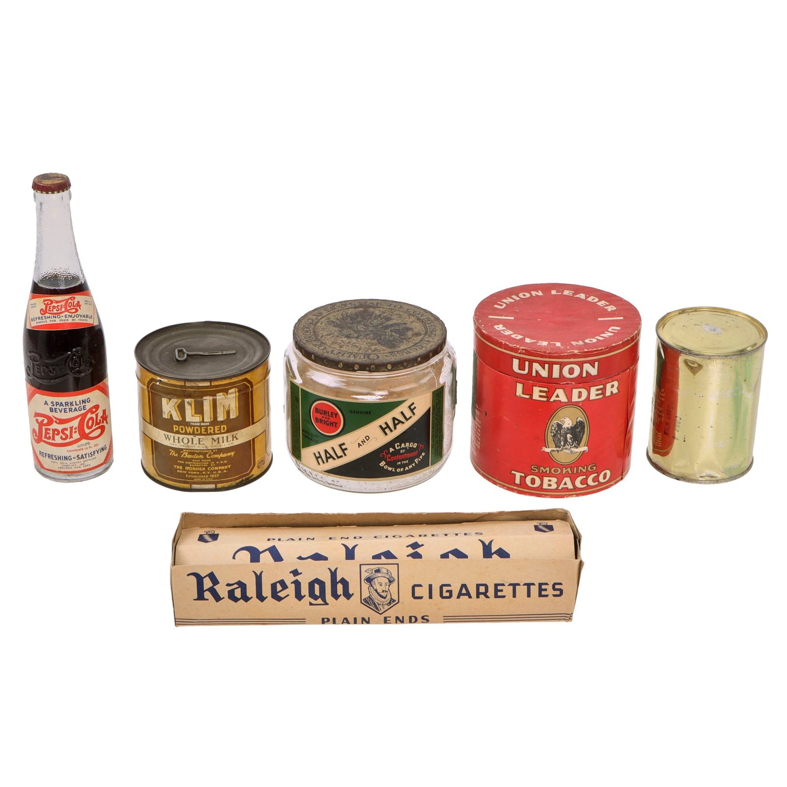 Original U.S. WWII Personal Effect Items Lot Including Sealed Bottle of Pepsi Cola Soda, Sealed Creamed Corn & Powdered Whole Milk with Tobacco Containers