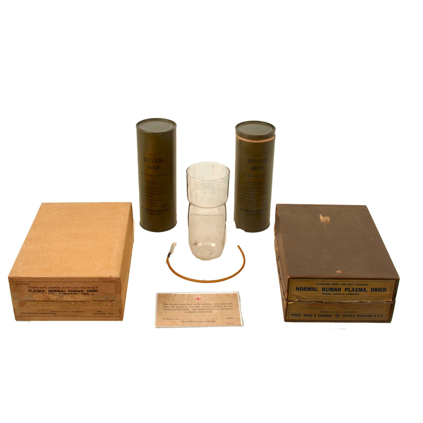Buy Original U.S. WWII American Red Cross Donated Plasma Lot - Box with Two Tubes of Distilled Water & Box with Glass & Tube | Original Firearms Antique For Sale