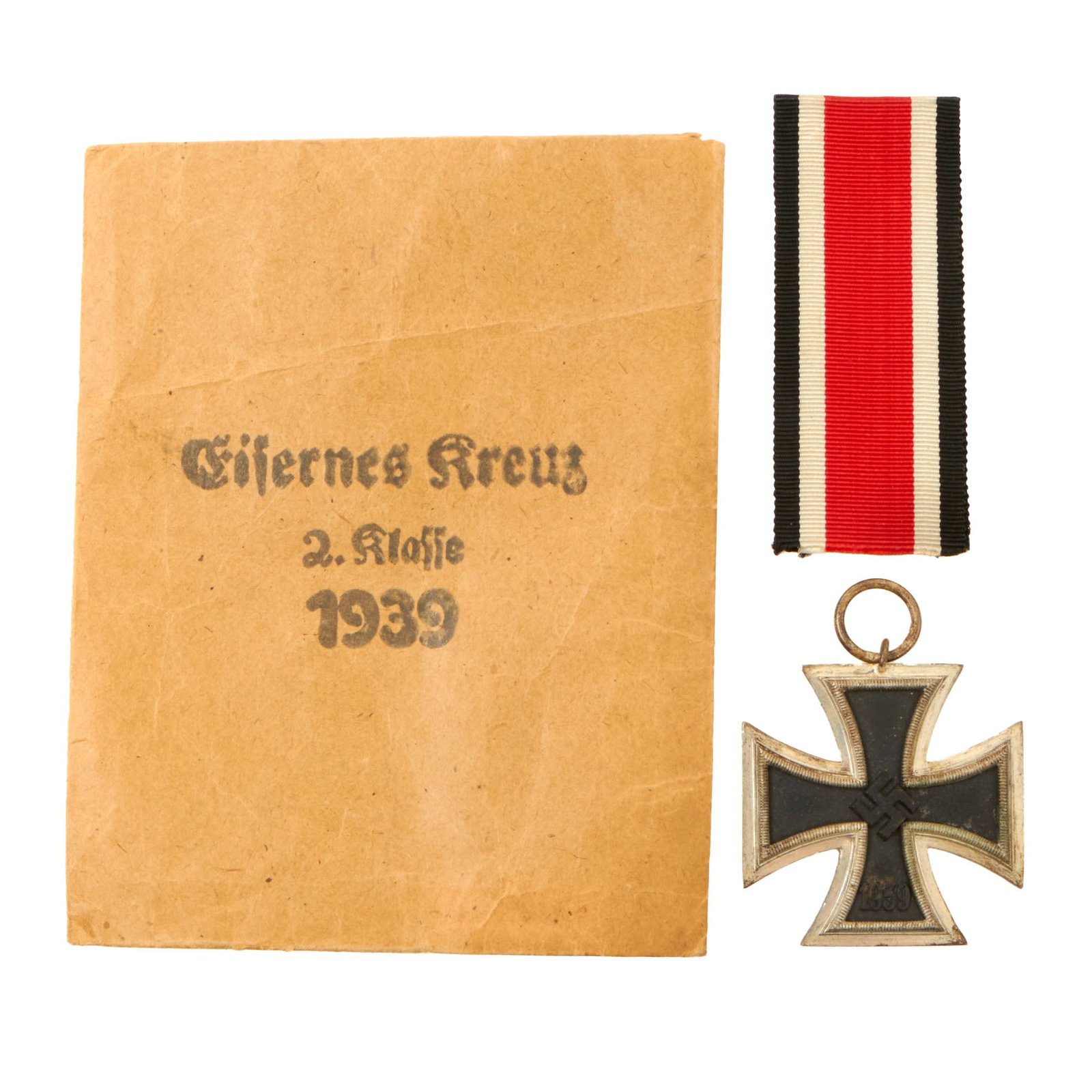 Buy Original German WWII Wehrmacht Iron Cross 2nd Class 1939 by Richard Simm & Sohne with Ribbon in Paper Packet | Original Firearms Antique For Sale