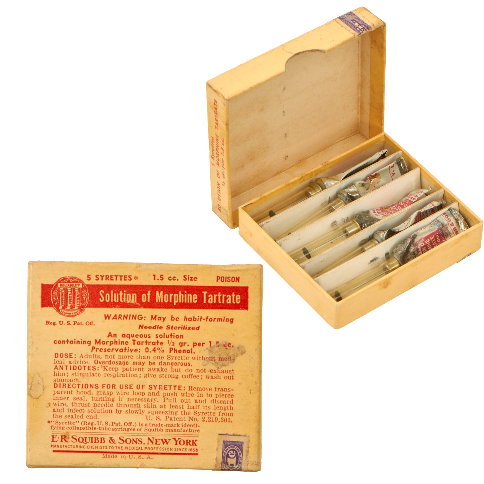 Buy Original U.S. WWII Combat Medic Set of Five EMPTY Morphine Syrettes in Original Box by E.R. Squibb & Sons of New York - Rare | Original Firearms Antique For Sale