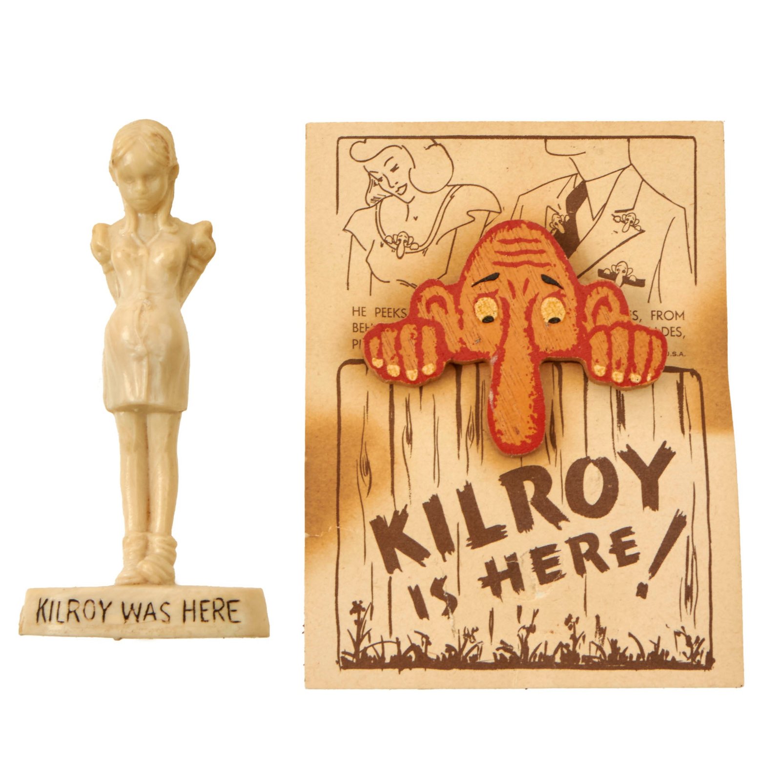 Buy Original U.S. WWII Era “KilRoy Was Here” Small Pregnant Figurine by Hartland Plastics & Wooden Pin with Card | Original Firearms Antique For Sale