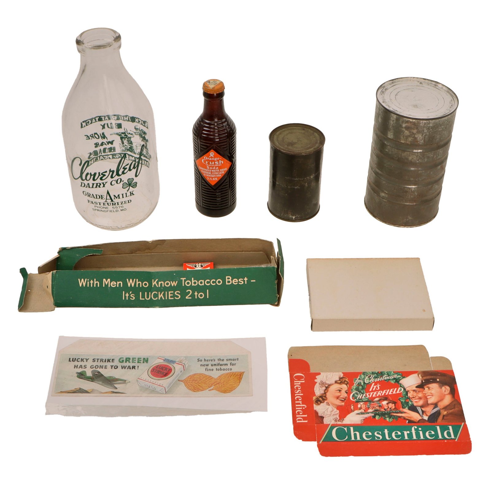 Original U.S. WWII Personal Effect Items Lot Including Sealed Bottle of Orange Crush Soda, Sealed Coffee & Egg Mix Tins with War Bonds Milk Jug