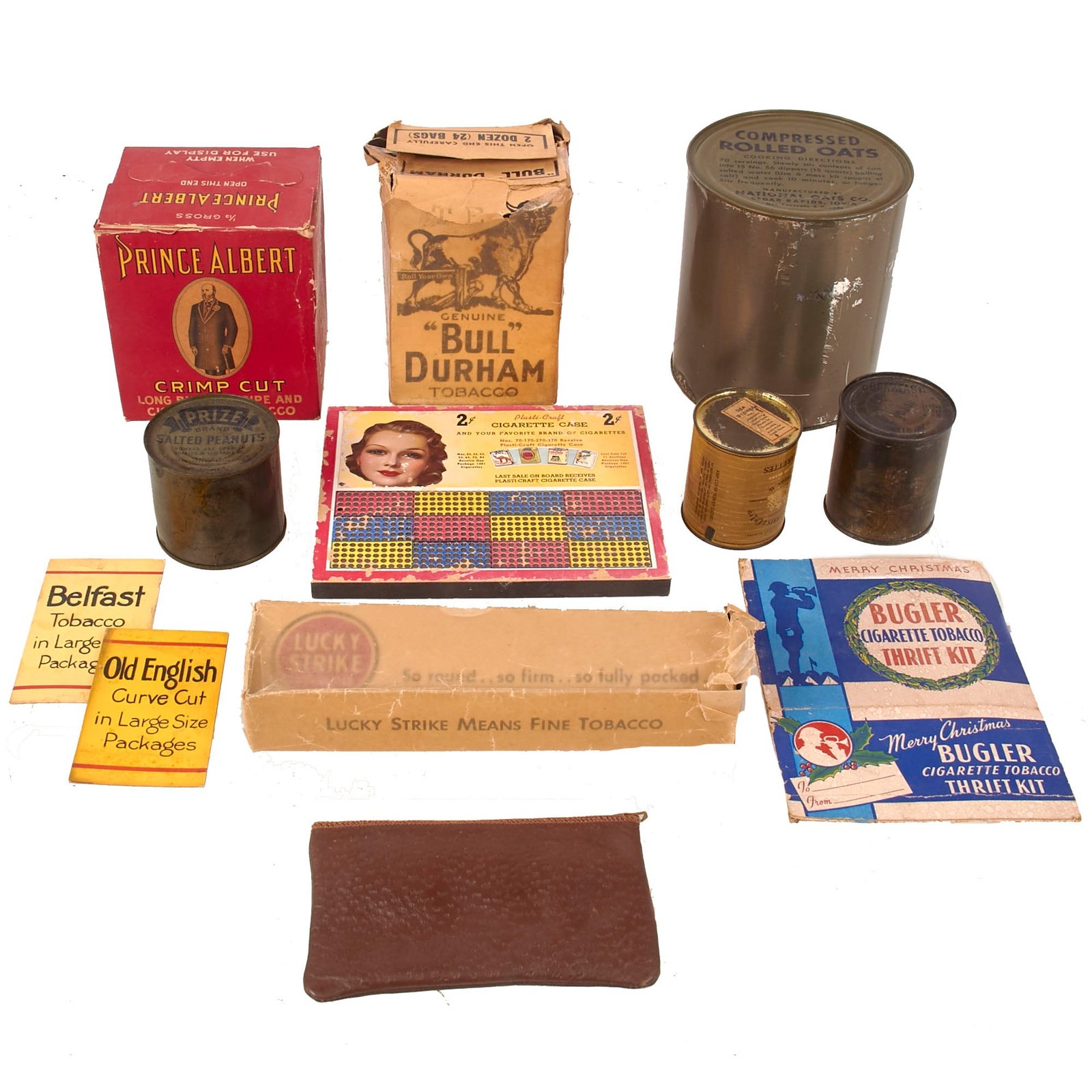 Buy Original U.S. WWII Personal Effect Items Lot Including Sealed Tins of Salted Peanuts & Compressed Rolled Oats, Various Cigarette Containers & Zipper Pouch | Original Firearms Antique For Sale