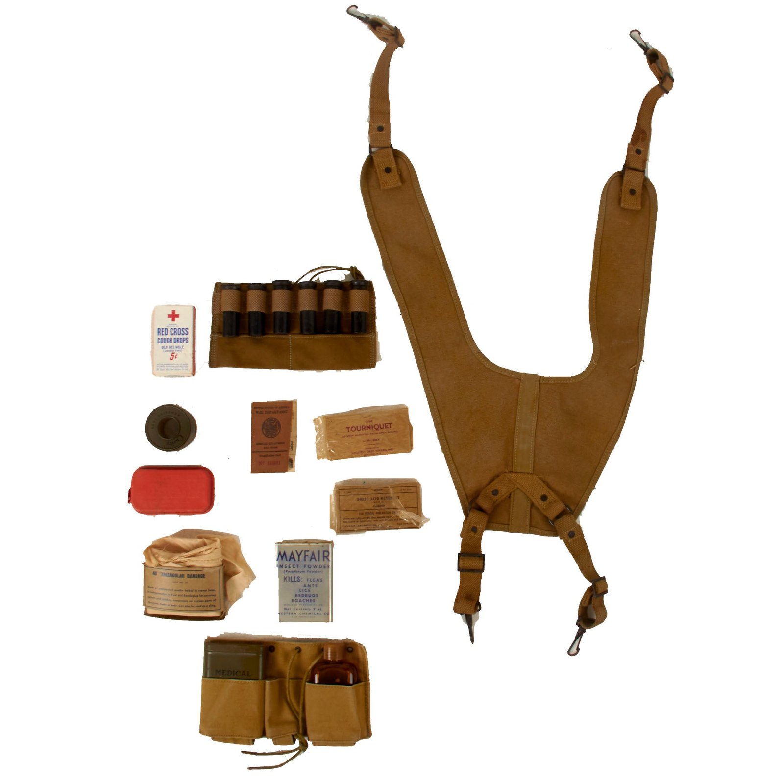 Buy Original U.S. WWII Medical Equipment & Supplies Lot with Medic Yoke Suspenders Unit-Marked to 168th Infantry, 42nd Division | Original Firearms Antique For Sale