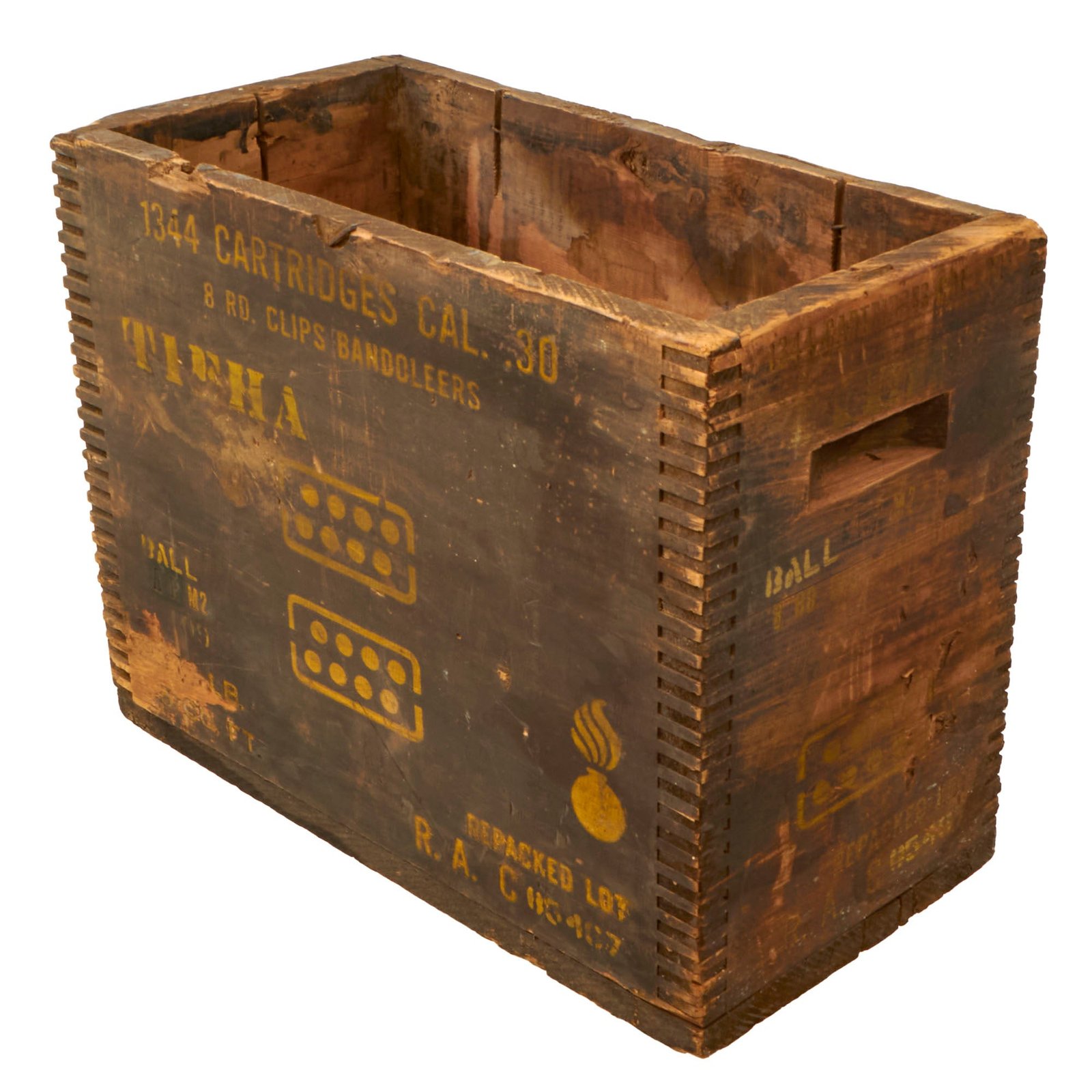 Buy Original U.S. WWII Small Arms .30 Cal M2 Ball 1344 Cartridges in 8 Rd. Clip Bandoleers Wooden Ammunition Crate | Original Firearms Antique For Sale
