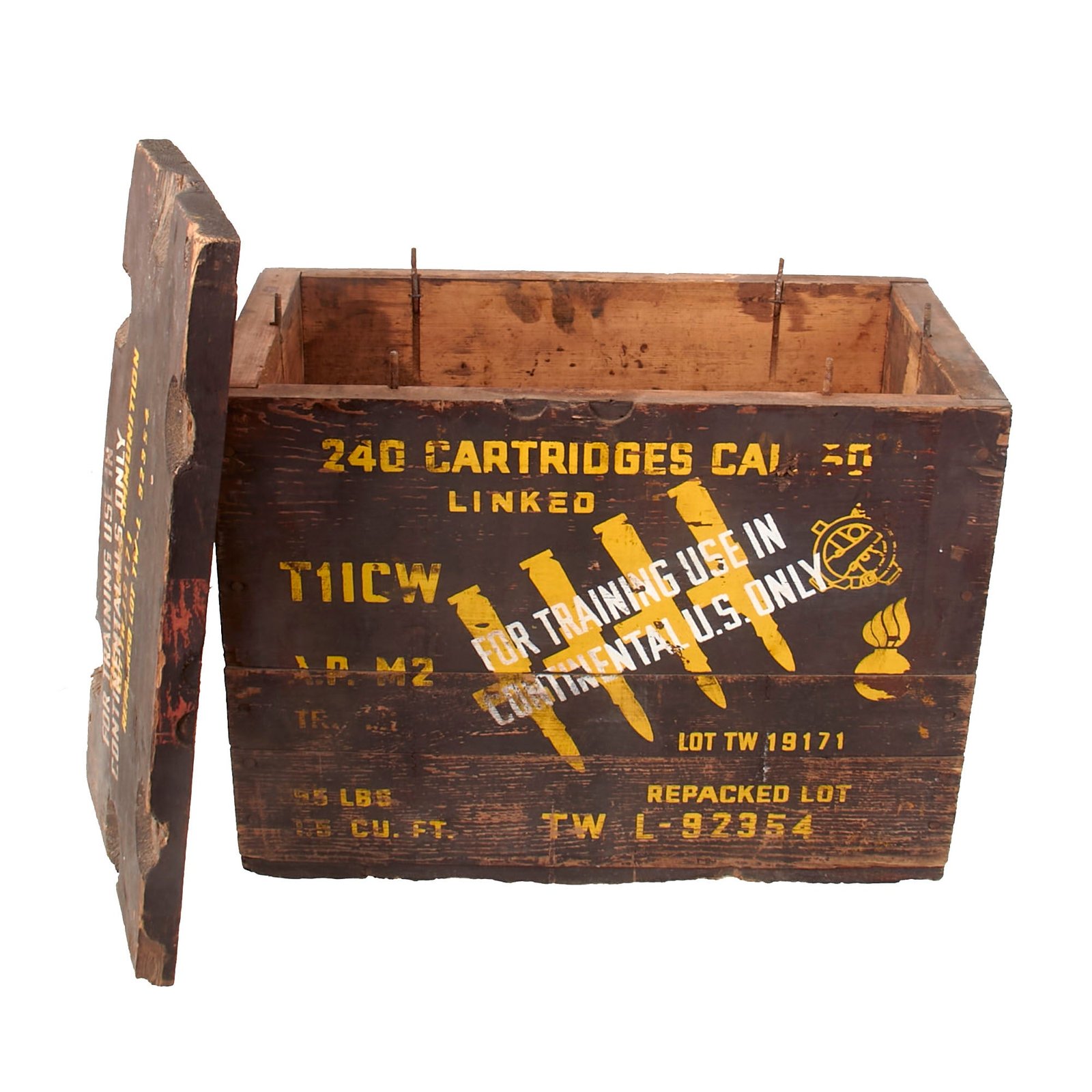 Buy Original U.S. WWII Small Arms Linked A.P. M2 .50cal Model 1917 Wooden Ammunition Crate Marked for Training Use in Continental U.S. Only | Original Firearms Antique For Sale
