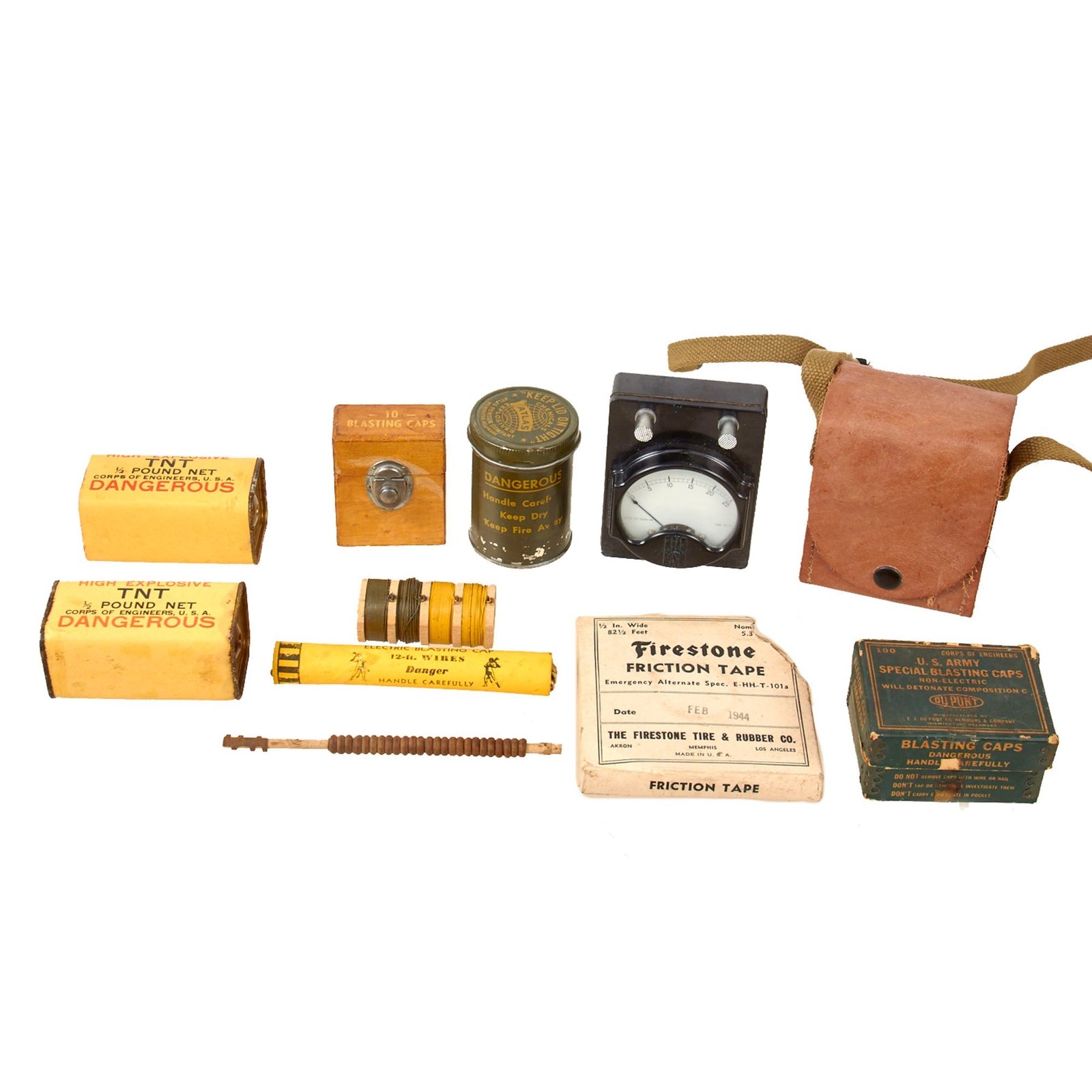 Original U.S. WWII Inert Engineering Demolition Blasting Galvanometer, 1/2 LB TNT Blocks, Blasting Caps and Friction Tape with Wires - Excellent