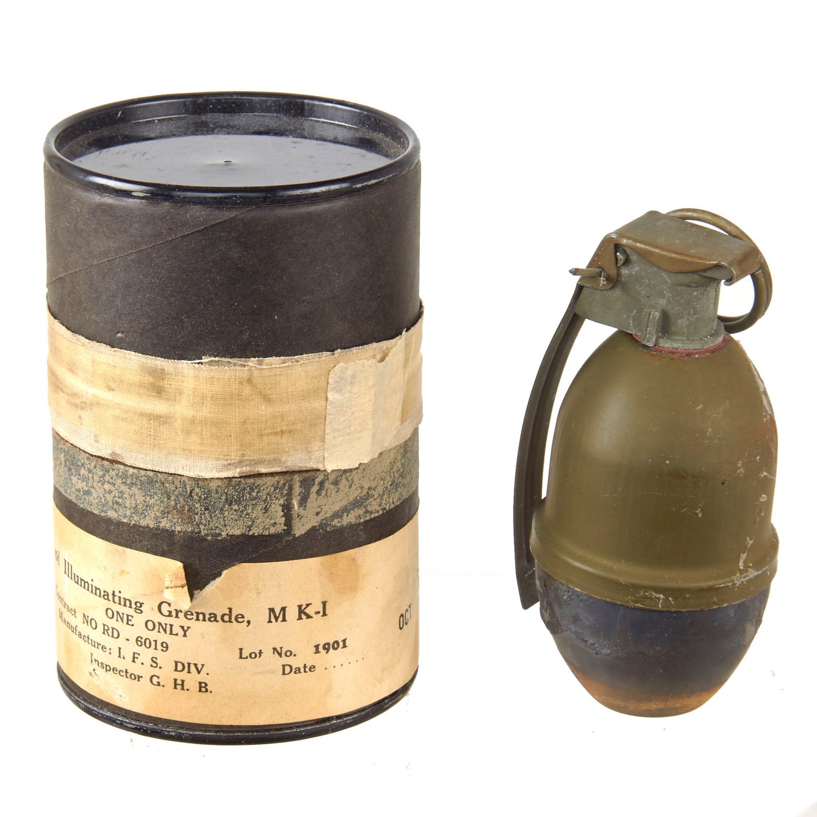Original U.S. WWII Mk 1 Illumination Hand Grenade in Original Transport Husk - Dated October 1944 - Inert