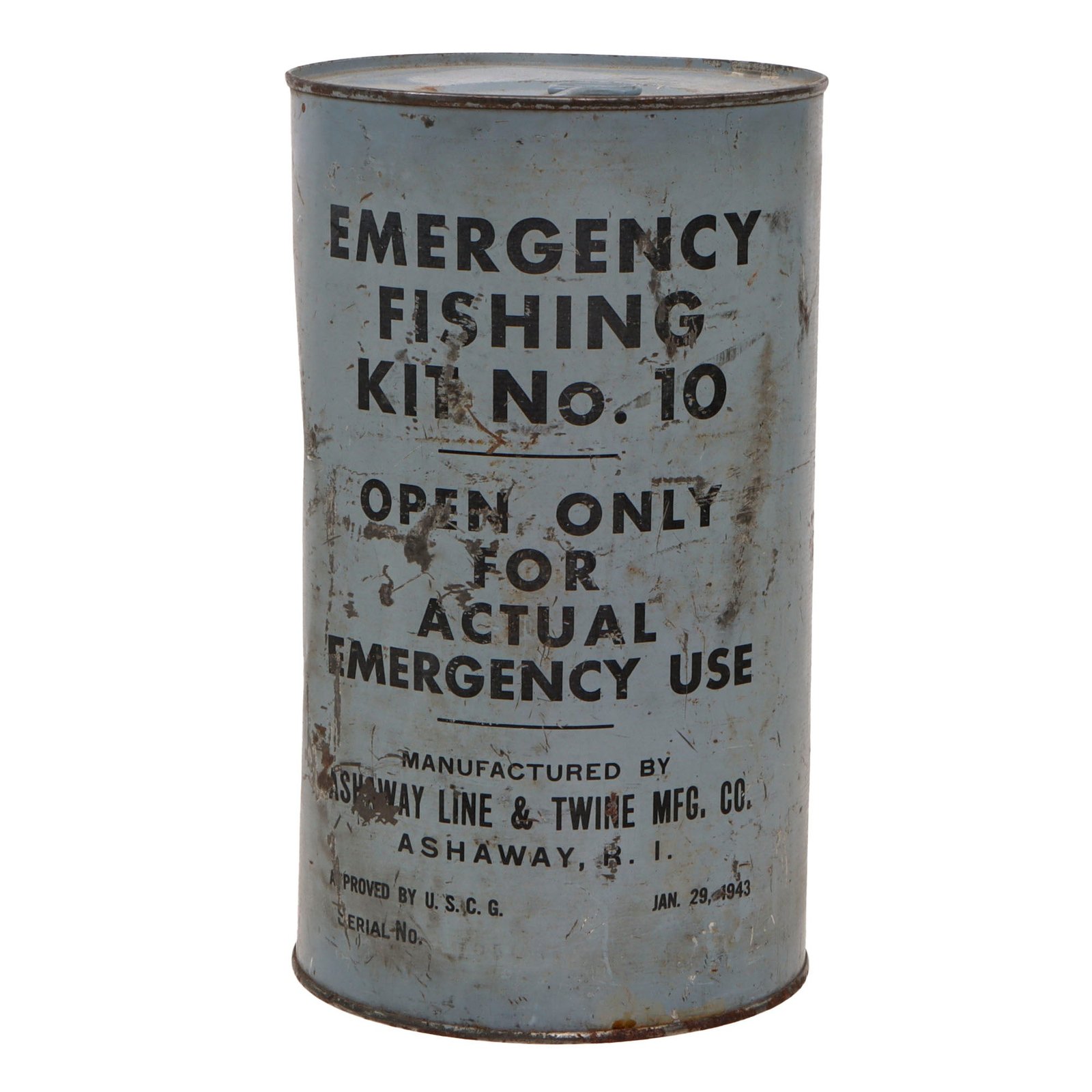 Original WWII U.S. Coast Guard Emergency Fishing Kit No.10 by Ashaway Line & Twine Mfg. Co. Still Sealed In Original Can With Key