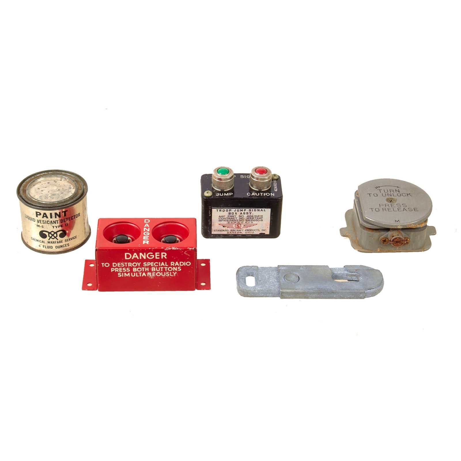 Original U.S. WWII Airborne AAF Troop Jump Signal Box with Special Radio Destroyer Button, Vesicant Paint, and More - 5 Items