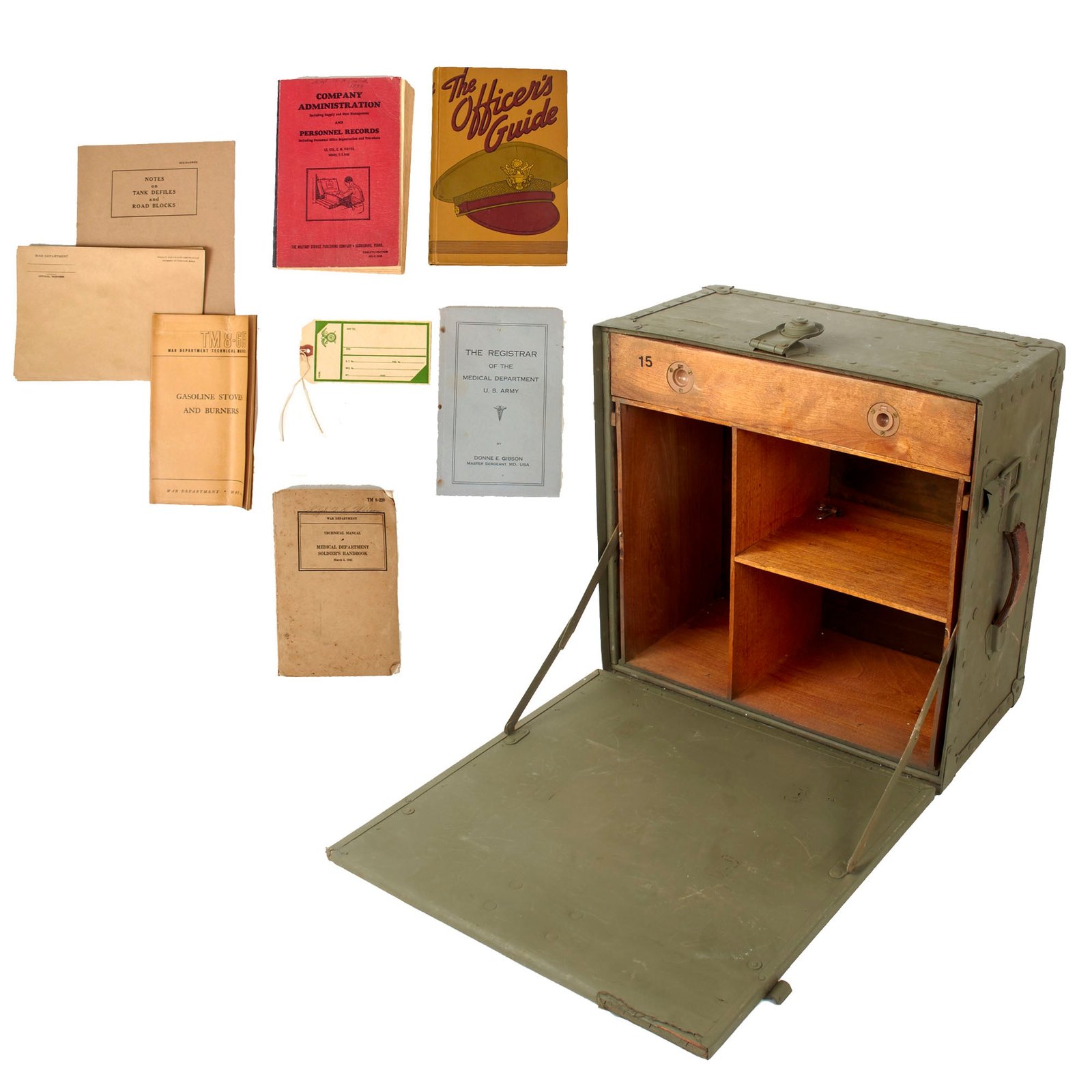 Original U.S. WWII Army Officer Folding Field Desk with Repaint and Original Books & QMC Tag Inside - 5 Books
