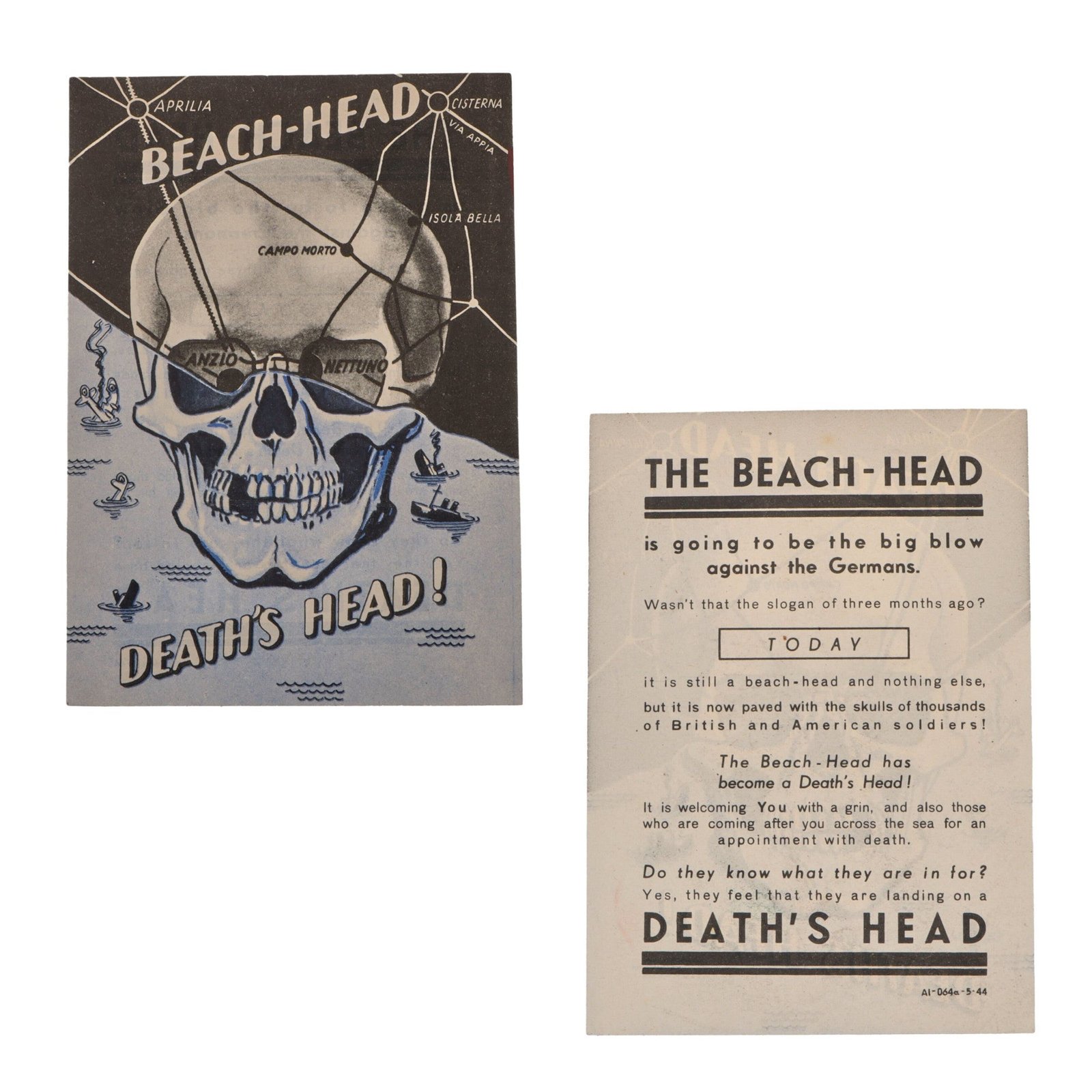 Original U.S. WWII German Anzio Beach-Head Death’s Head Propaganda Leaflet - 3½ x 5”