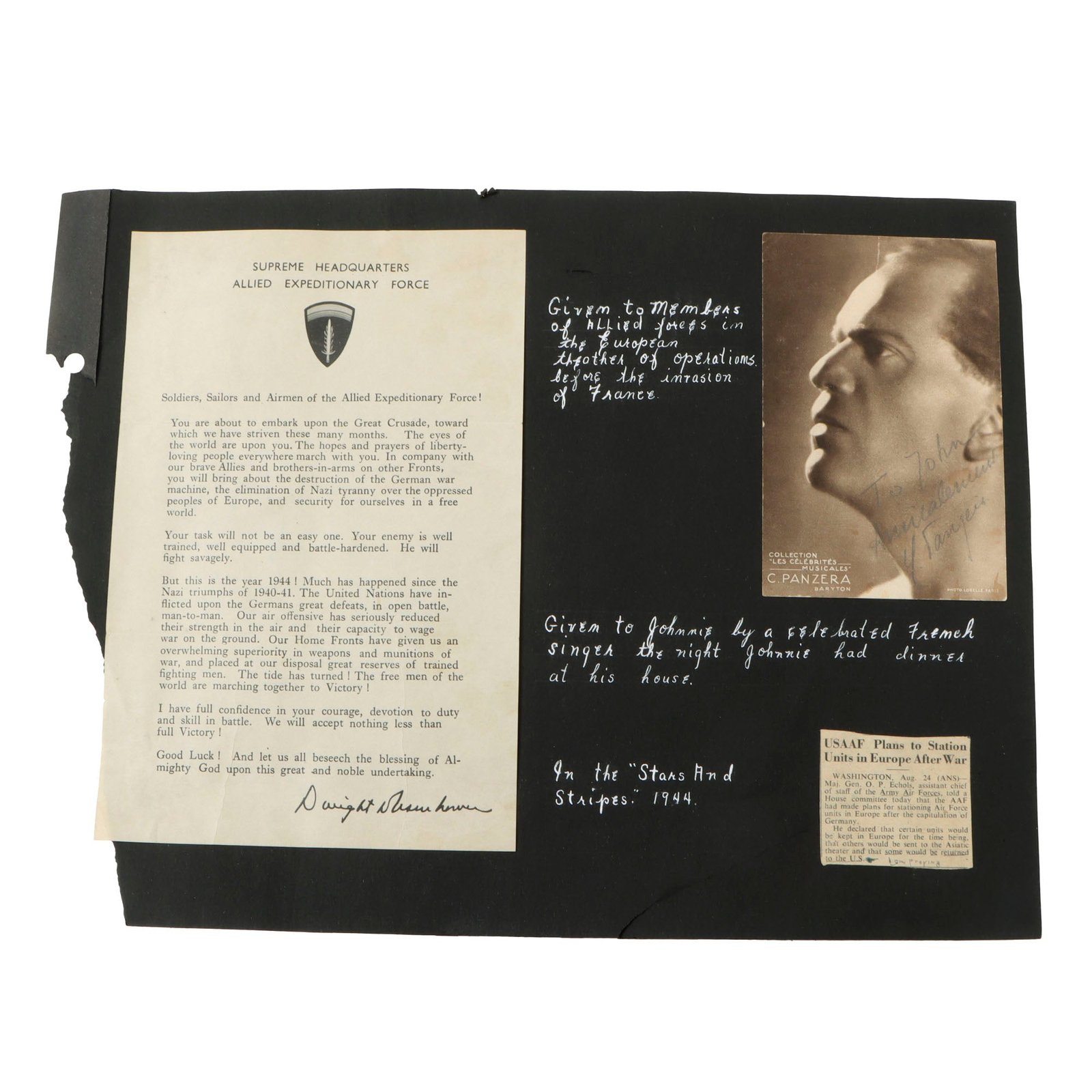 Original U.S. WWII Soldier Scrapbook Page with SHAEF Eisenhower Letter Sent to the Troops Before D-Day