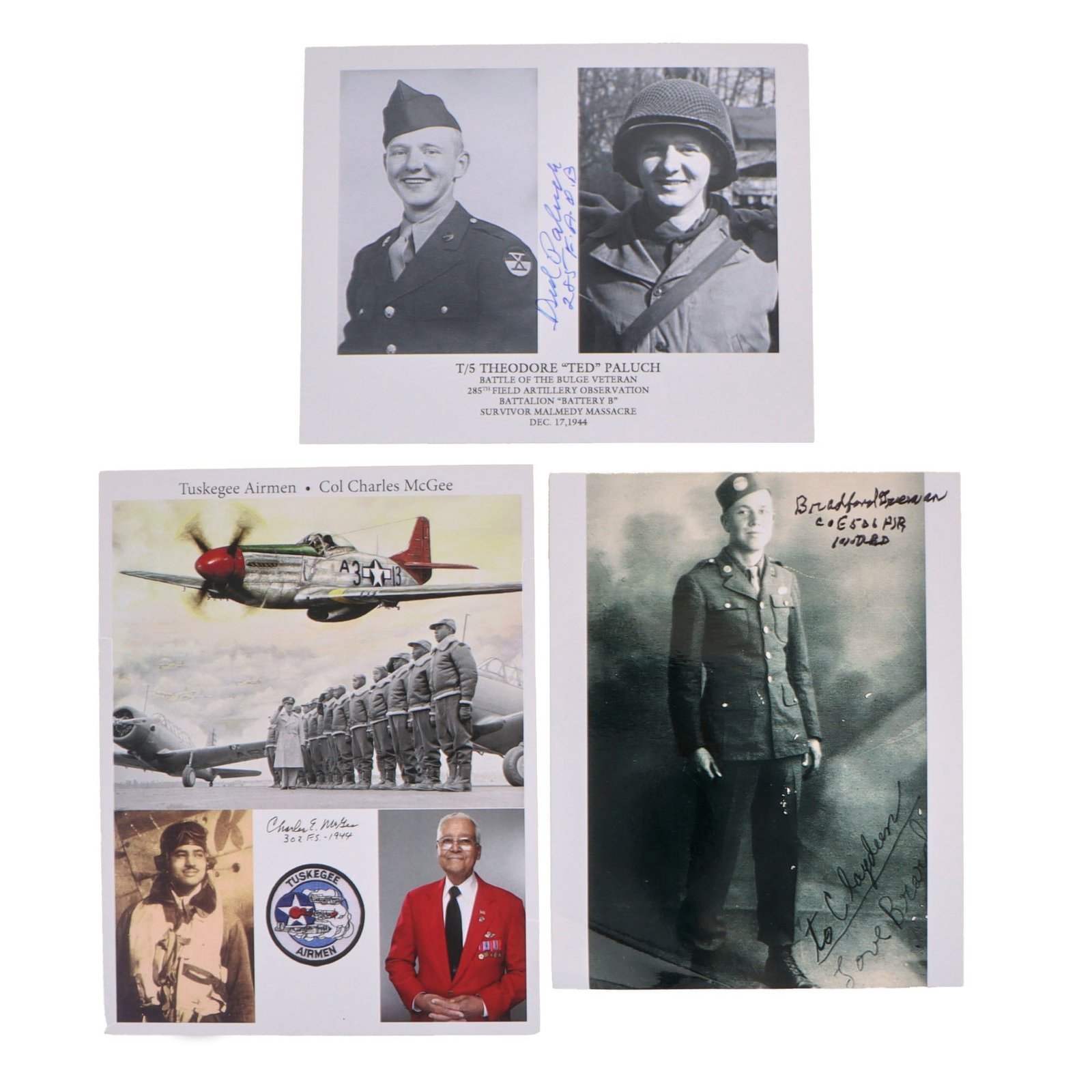 Original U.S. WWII Autograph Grouping Including Theodore Paluch Survivor of Malmedy Massacre, Bradford Truman of Easy Company, and Tuskegee Airman Charles McGee