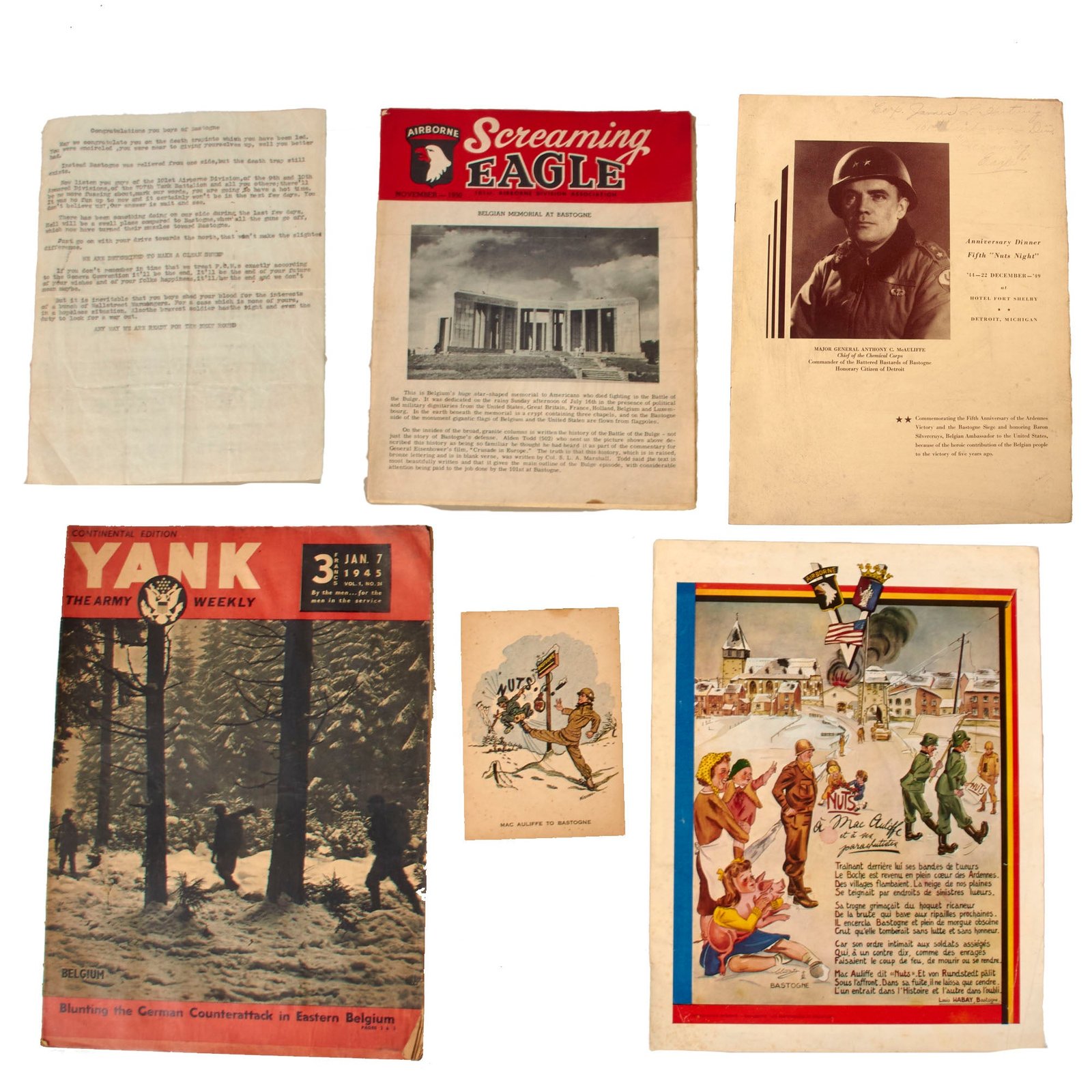 Original U.S. WWII Bastogne Ephemera Grouping with NUTS Poster, Congratulations Letter, and More
