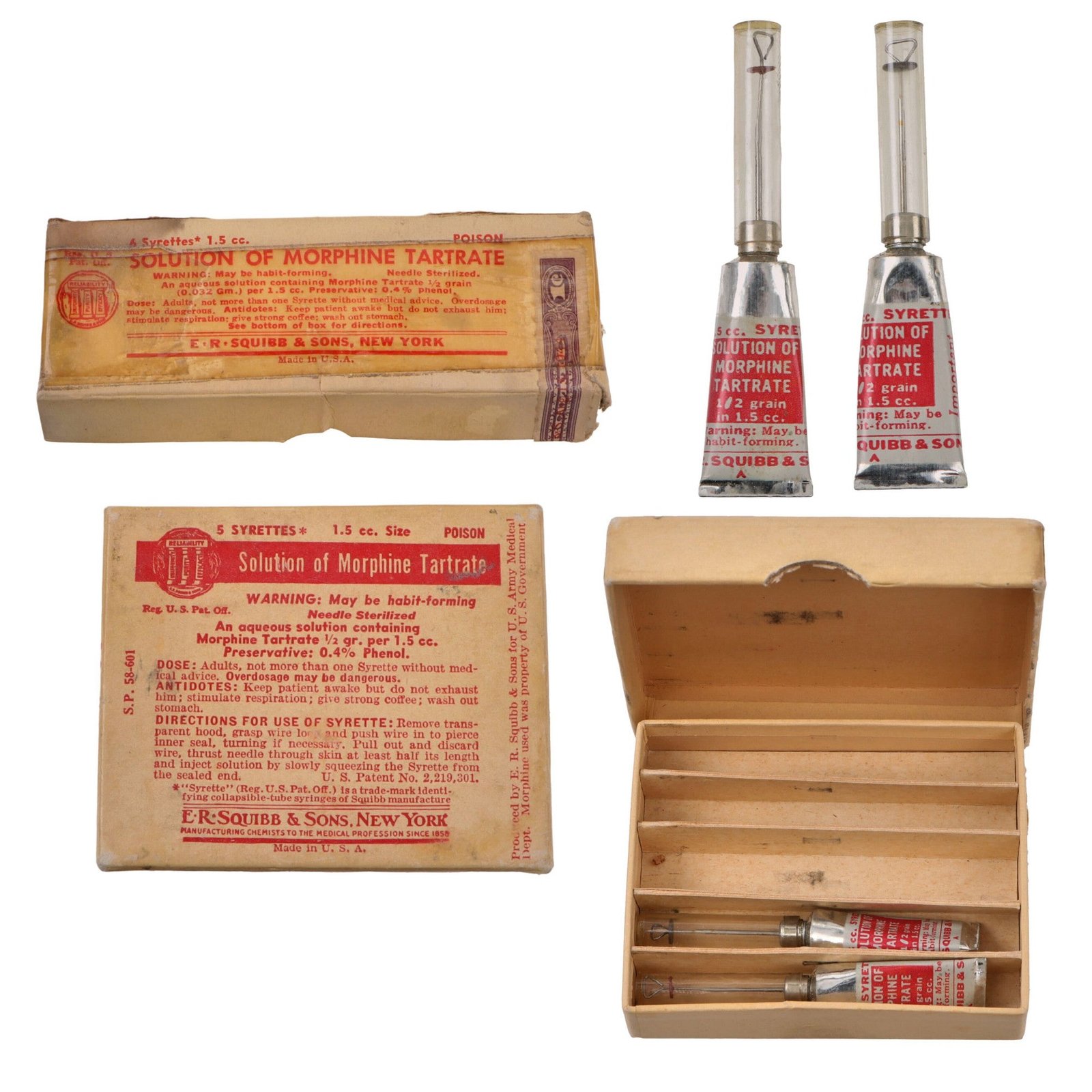 Original U.S. WWII Combat Medic Set of Two EMPTY Morphine Syrettes in Original Box for Five by E.R. Squibb & Sons of New York with Empty Morphine Tartrate Box - Rare