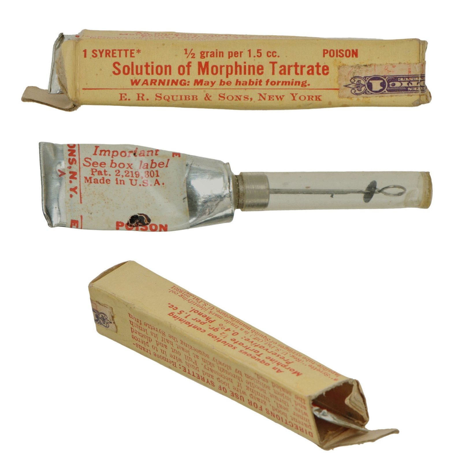 Original U.S. WWII Combat Medic EMPTY Morphine Syrette in Original Box by E.R. Squibb & Sons of New York - Rare