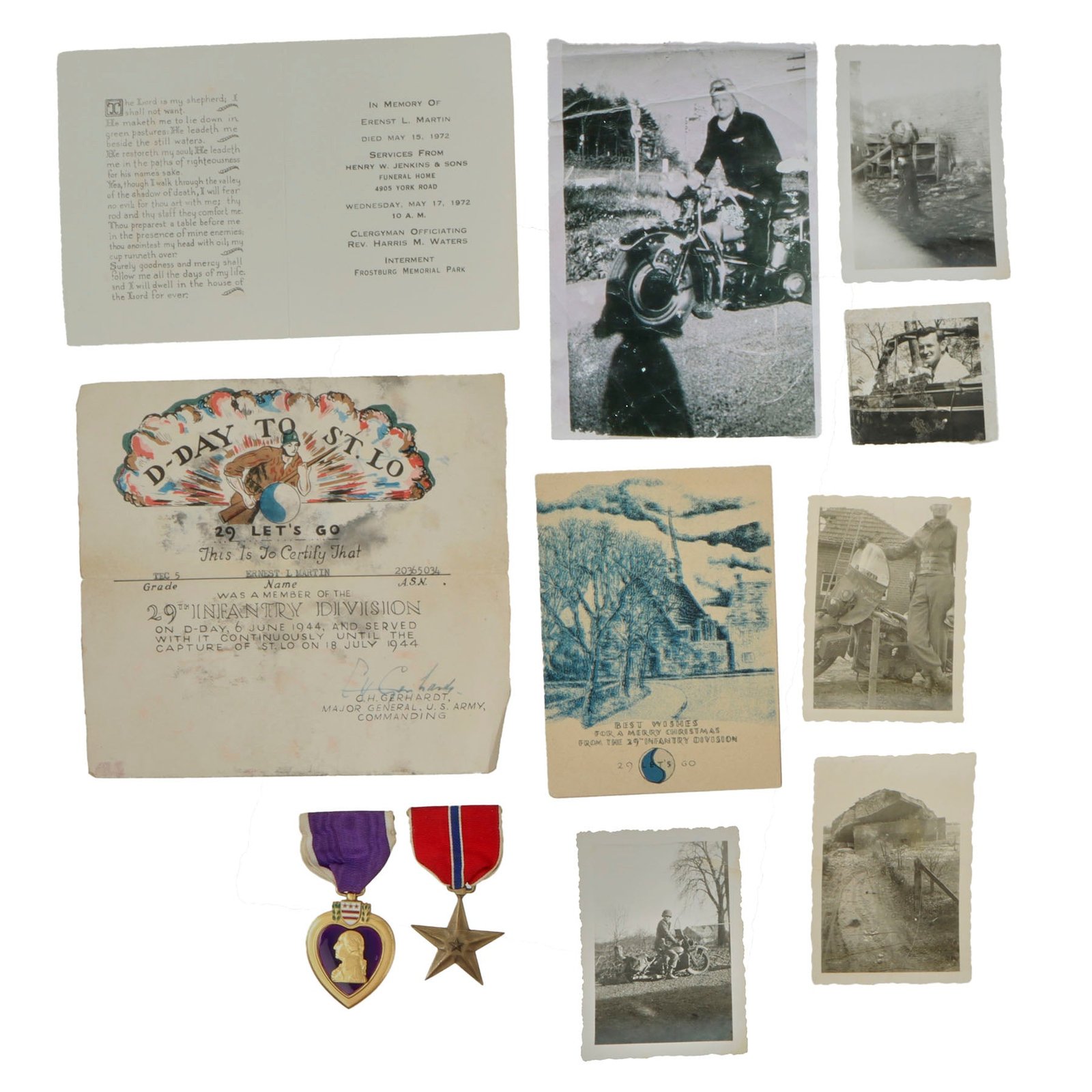 Original U.S. WWII 29th Infantry Division D-Day Ephemera Grouping - Technician  5th Grade Ernest L. Martin
