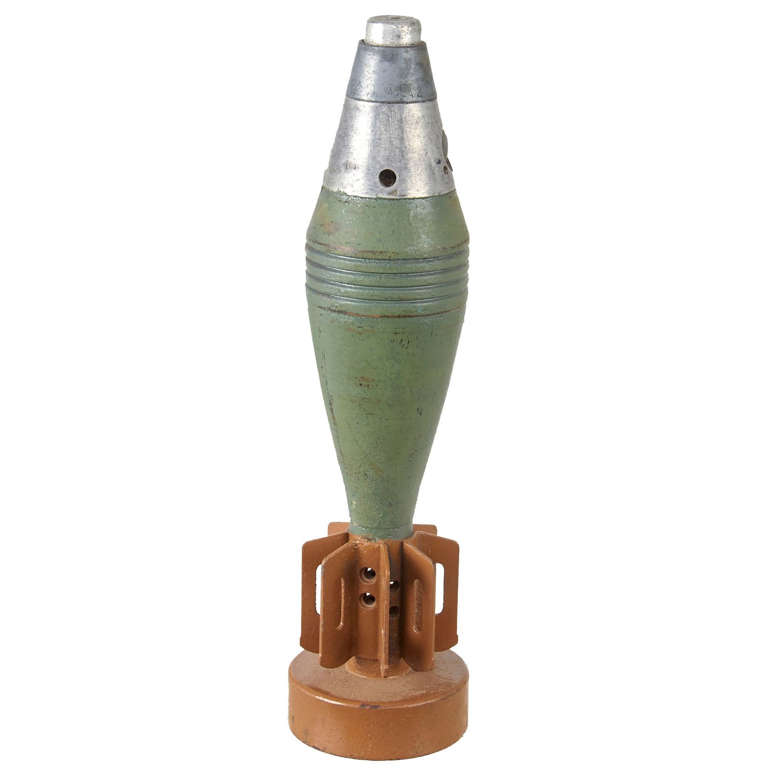Original U.S. Korean War M49A2 60mm Deactivated Mortar Round with 1952 Dated Fuze on Display Base - Inert