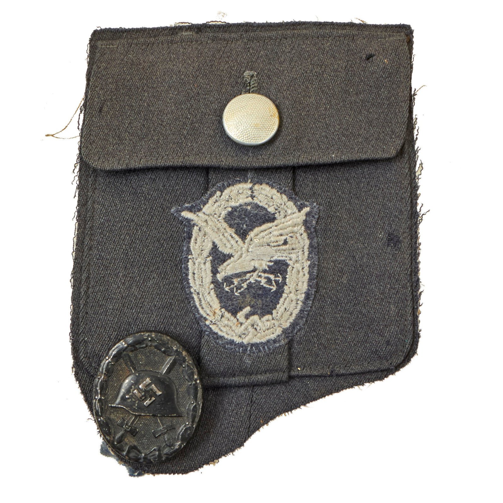 Buy Original German WWII Luftwaffe Uniform Cutoff Pocket with Embroidered Radio Operator & Air Gunner Badge and Black Wound Badge | Original Firearms Antique For Sale