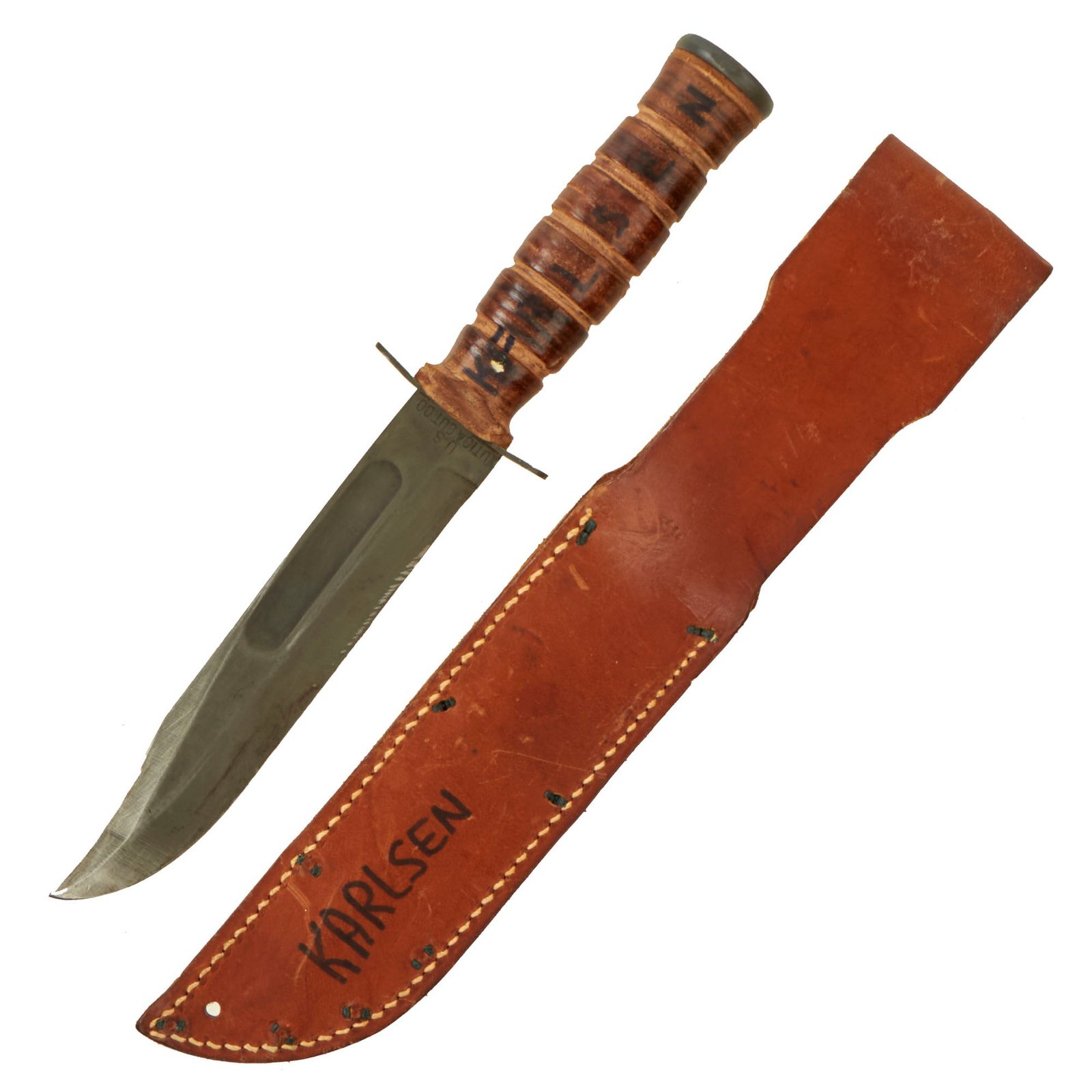 Original U.S. WWII KA-BAR Style Fighting Knife by Utica Cutlery Co. with Original Leather Sheath- Ca.1944-45