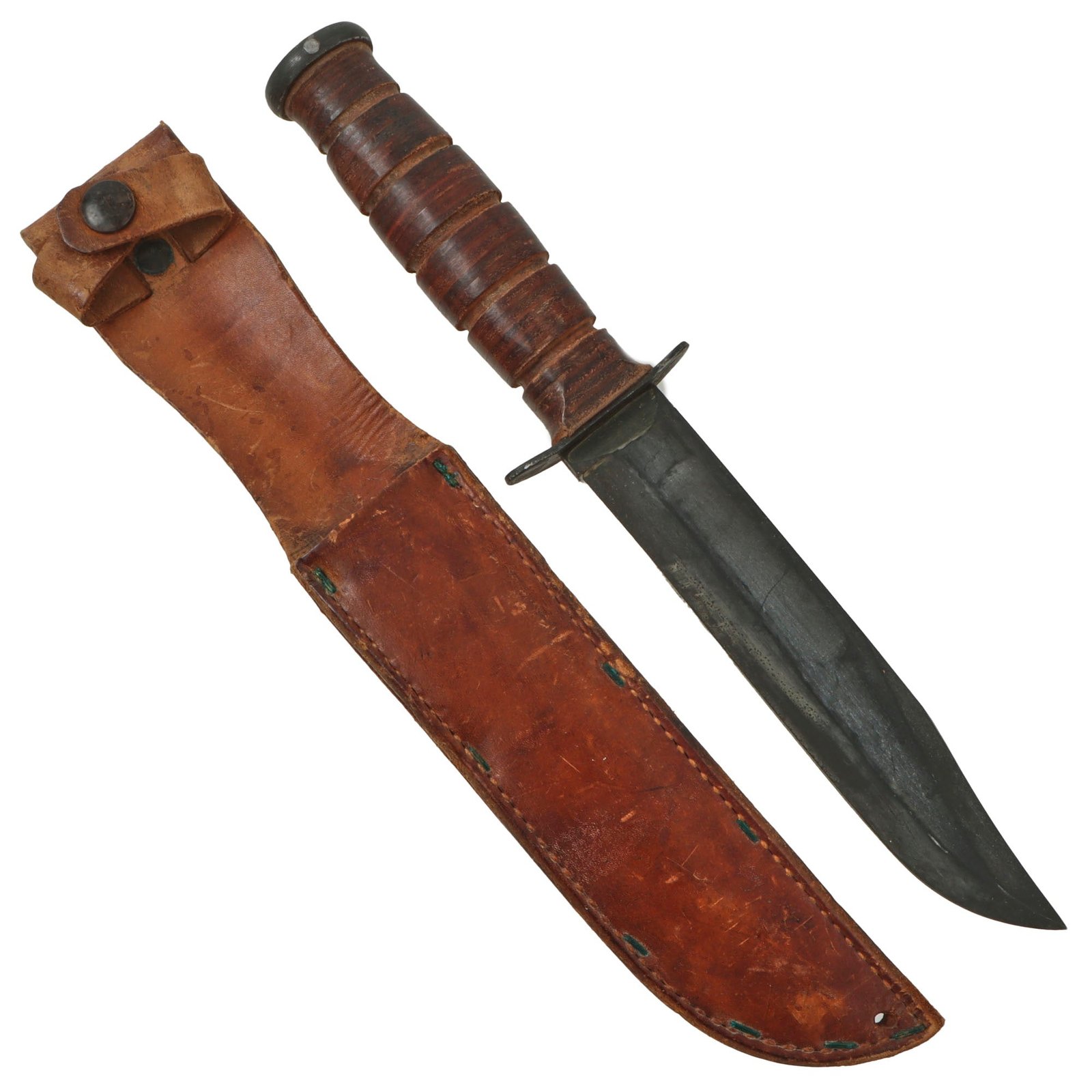 Original U.S. WWII USN / USMC Early Blade-Marked Mark 2 KA-BAR Fighting Knife in Leather Sheath - Marking Scrubbed