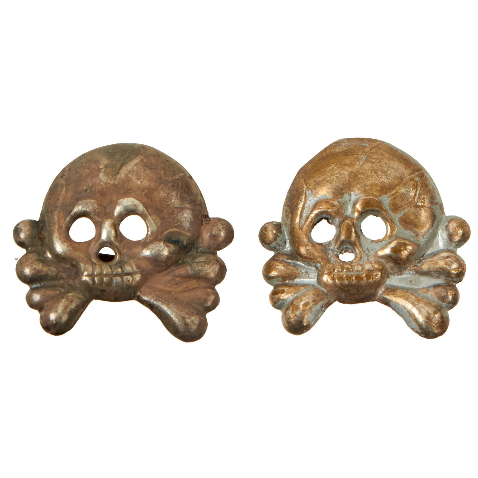 Buy Original German WWII Set of Two Early Nickel Panzer "Danziger" Style Totenkopf "Death's Head" Collar Tab Emblems | Original Firearms Antique For Sale