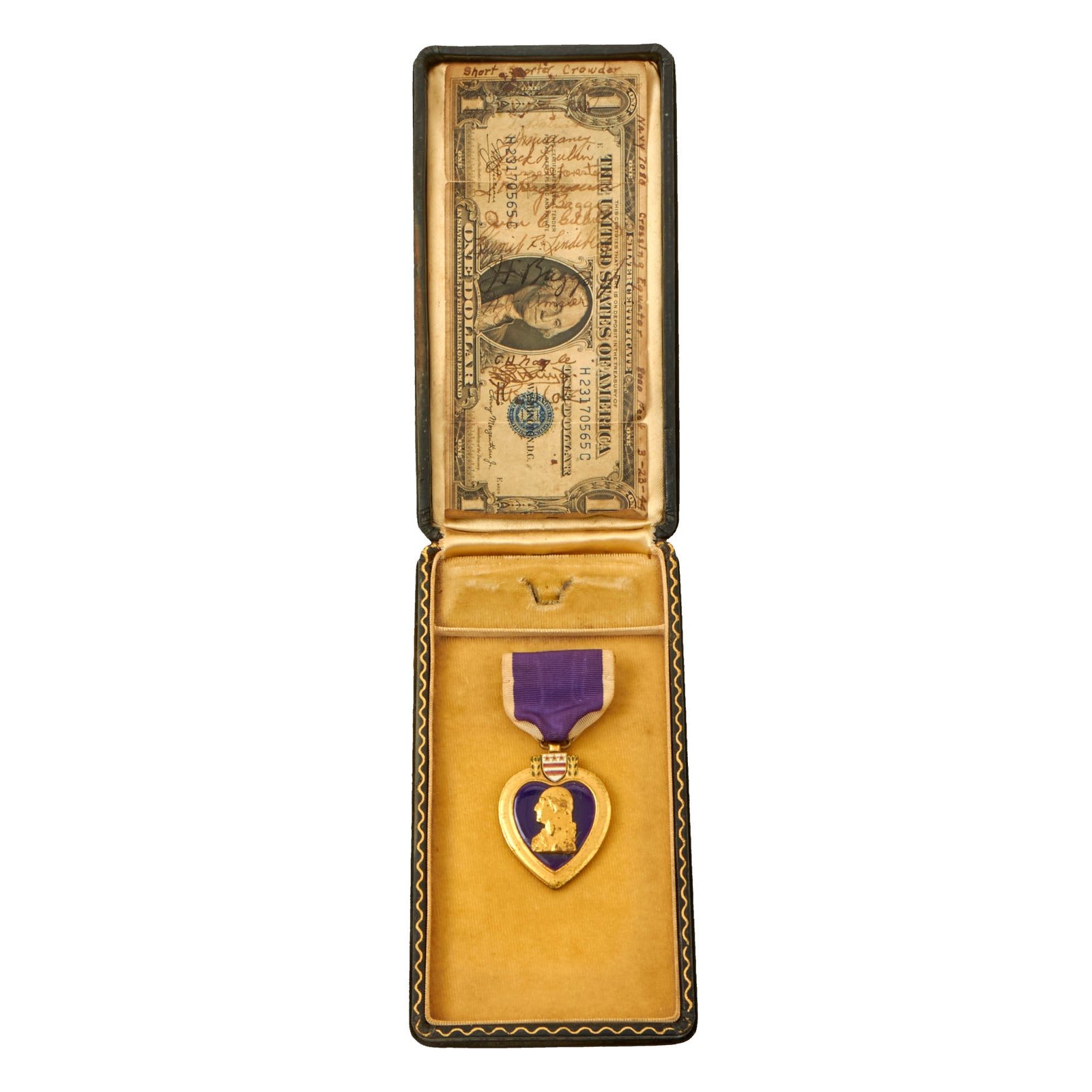 Buy Original U.S. WWII Purple Heart & Short Snorter with Signatures & Equator Crossing in Presentation Case - Unengraved | Original Firearms Antique For Sale