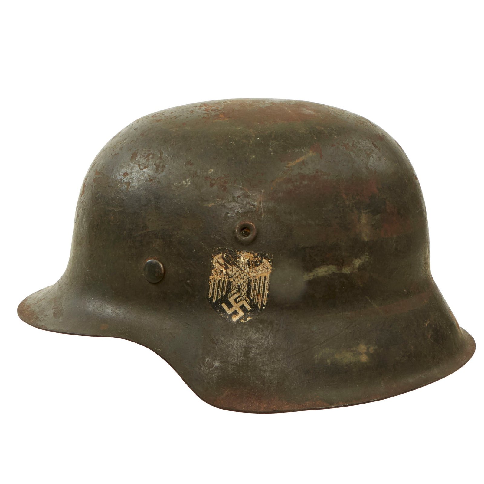 Buy Original German WWII USGI Bring Back Large M42 Single Decal Army Heer Helmet with Damaged 1943 Dated 58cm Liner - Stamped EF66 | Original Firearms Antique For Sale