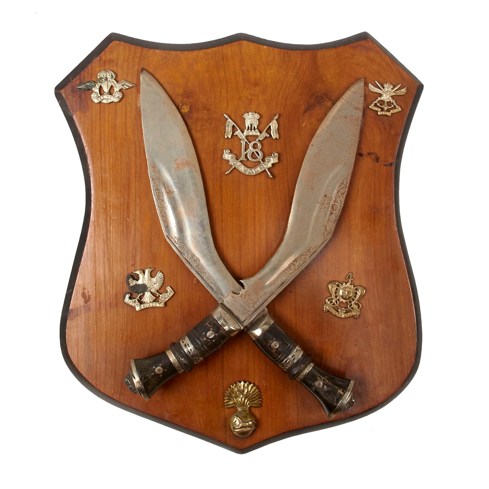 Buy Original Indian WWII Commemorative Kukri Plaque with Six Regimental Badges - 13⅝ x 15½” | Original Firearms Antique For Sale