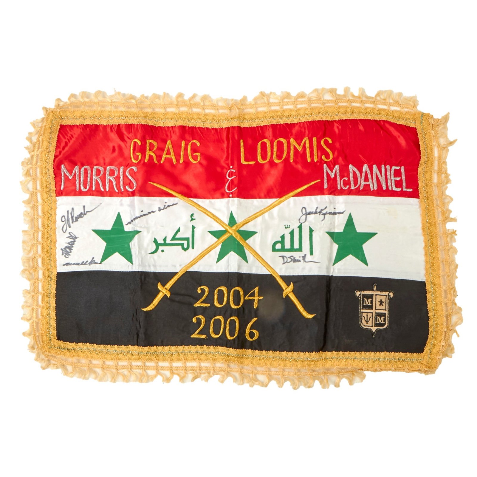 Buy Original U.S. Iraq War 2004-2006 “Morris & McDaniel” Commemorative Flag of Iraq With Gold Trim Border & Signatures - 17½ x 26” | Original Firearms Antique For Sale