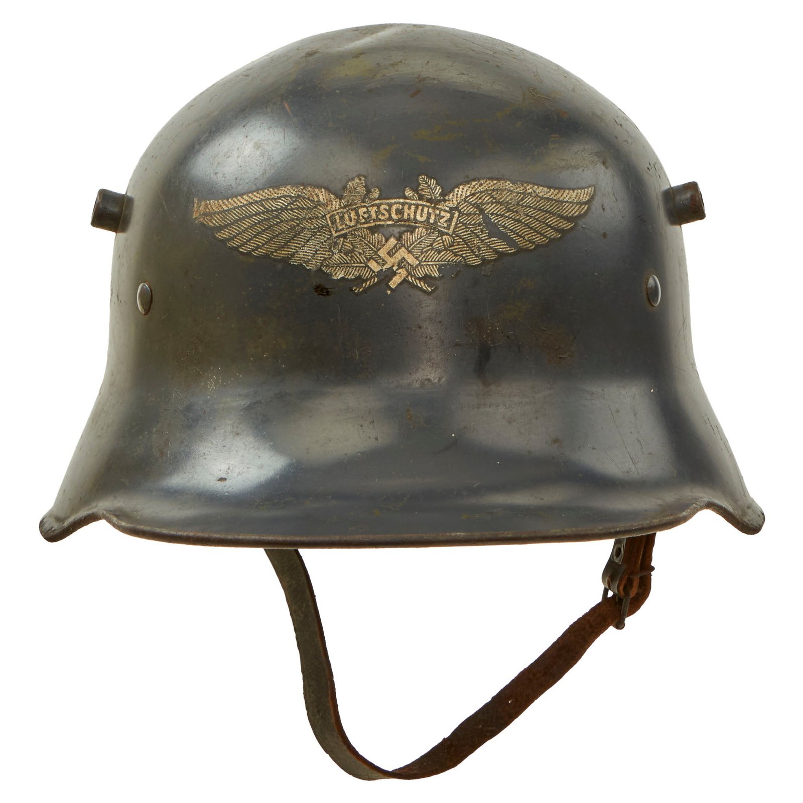 Buy Original German Pre-WWII Early Commercially Manufactured M1916 Police Helmet Converted to Luftschutz Helmet - Shell size 66 | Original Firearms Antique For Sale