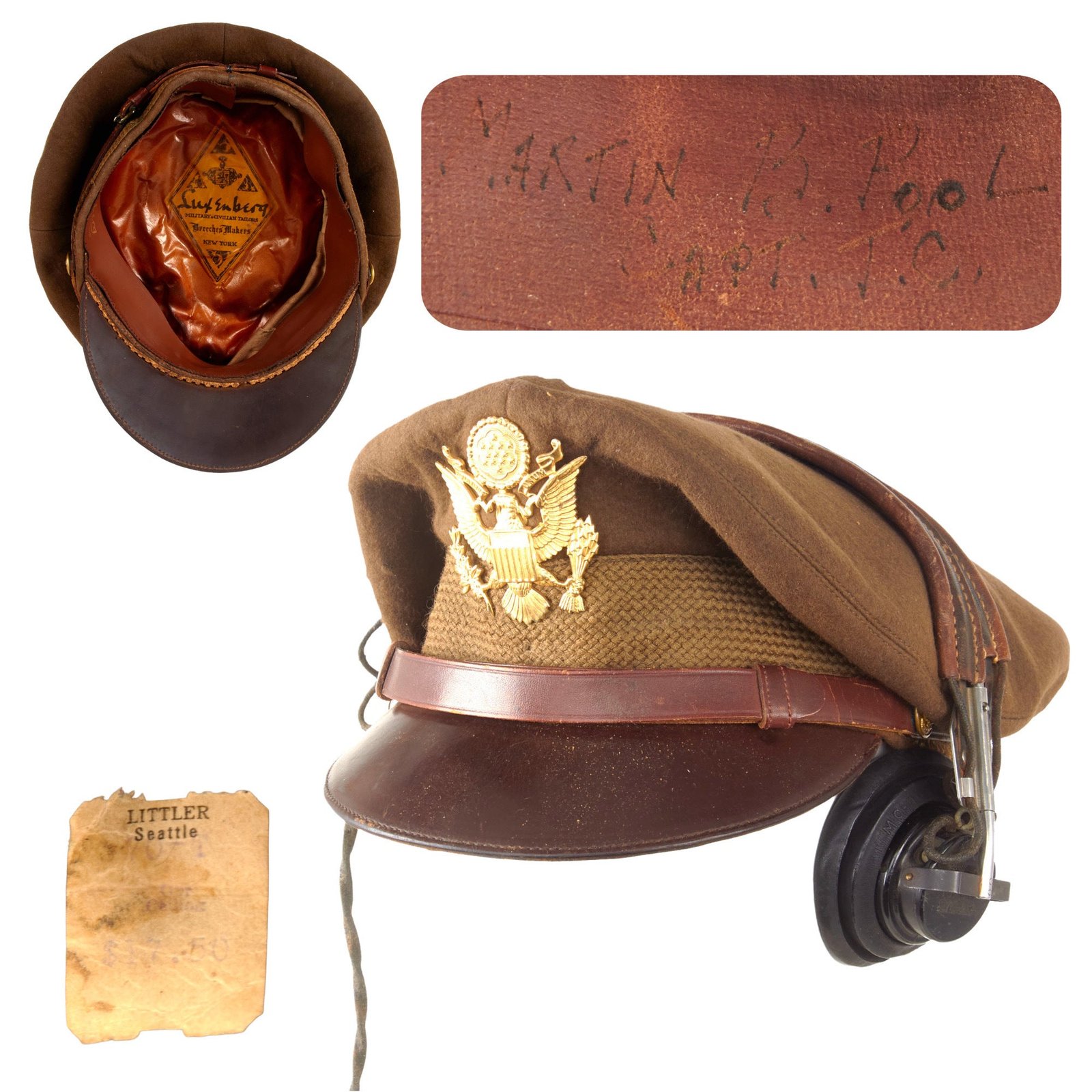 Original U.S. WWII USAAF Named Winter Issue Officer Crush Visor Cap with ANB-H-I Headset Receiver - Captain Martin B. Pool