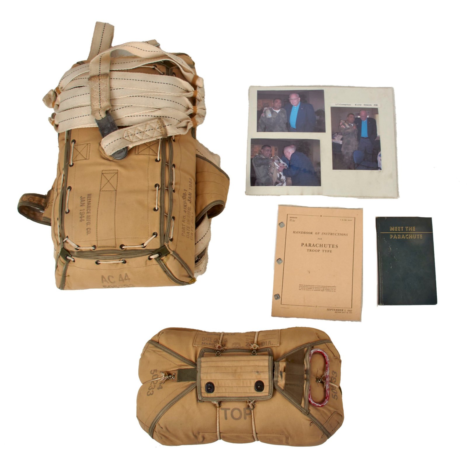 Buy U.S. WWII “Band of Brothers” Airborne Paratrooper High Quality Reproduction T5 Parachute Set Signed by Buck Compton of Easy Company with Photographic Proof & Meet the Parachute Book | Original Firearms Antique For Sale