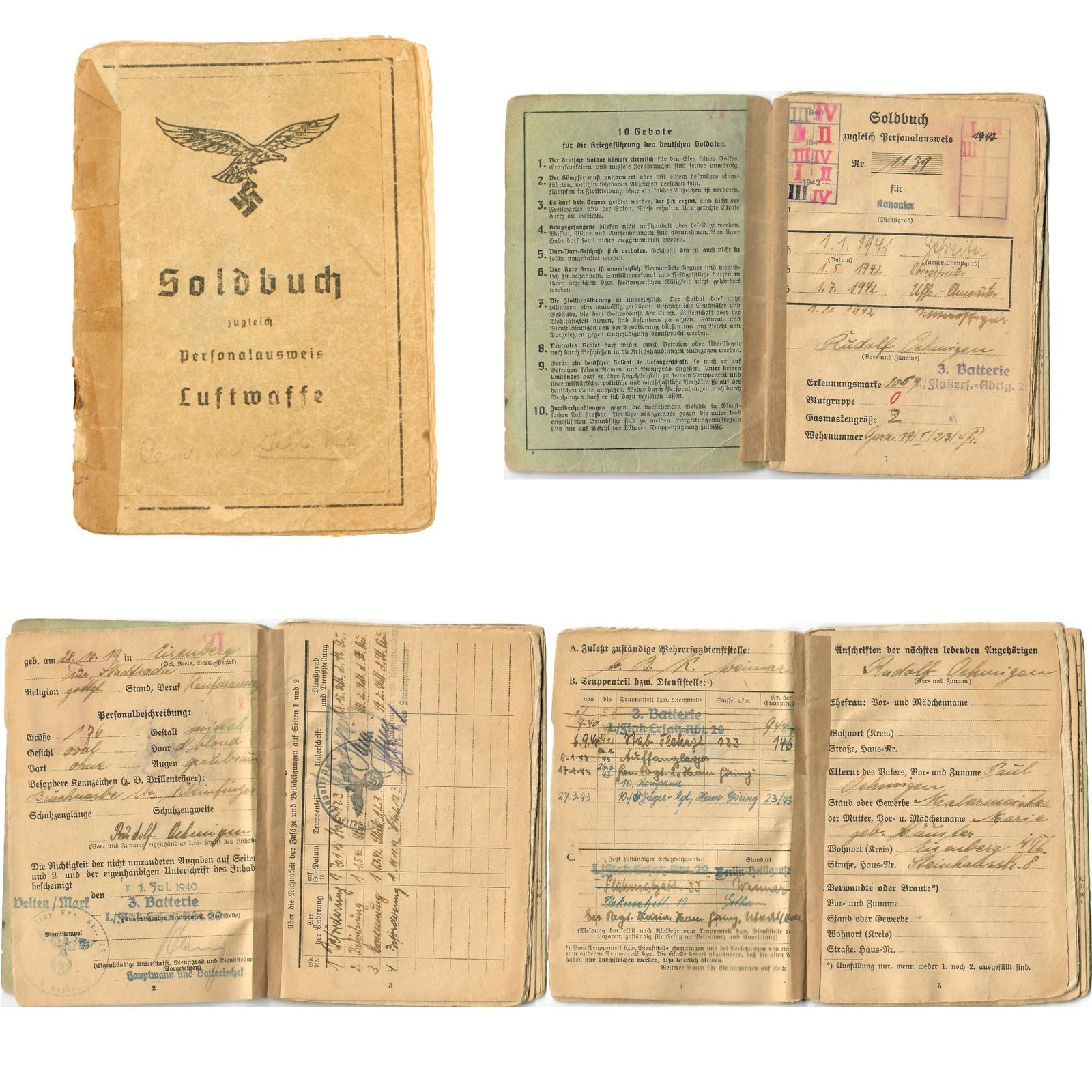 Buy Original WWII German Luftwaffe Soldbuch Identity & Payment Book for Flak NCO Unteroffizier Rudolf Behneigen - Flak Replacement Team 29 | Original Firearms Antique For Sale