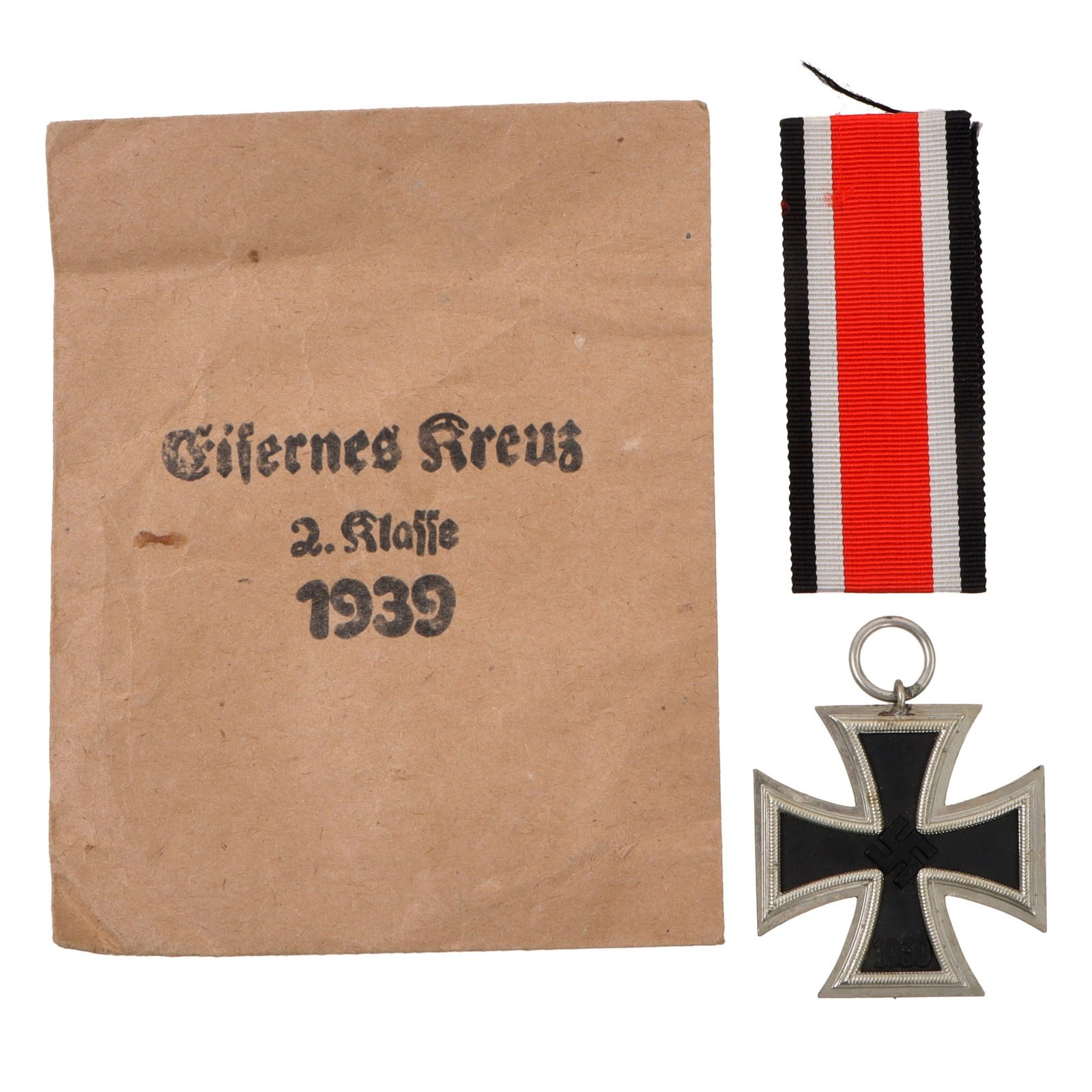 Original German WWII Wehrmacht Iron Cross 2nd Class 1939 by Josef Feix Söhne with Ribbon in Paper Packet