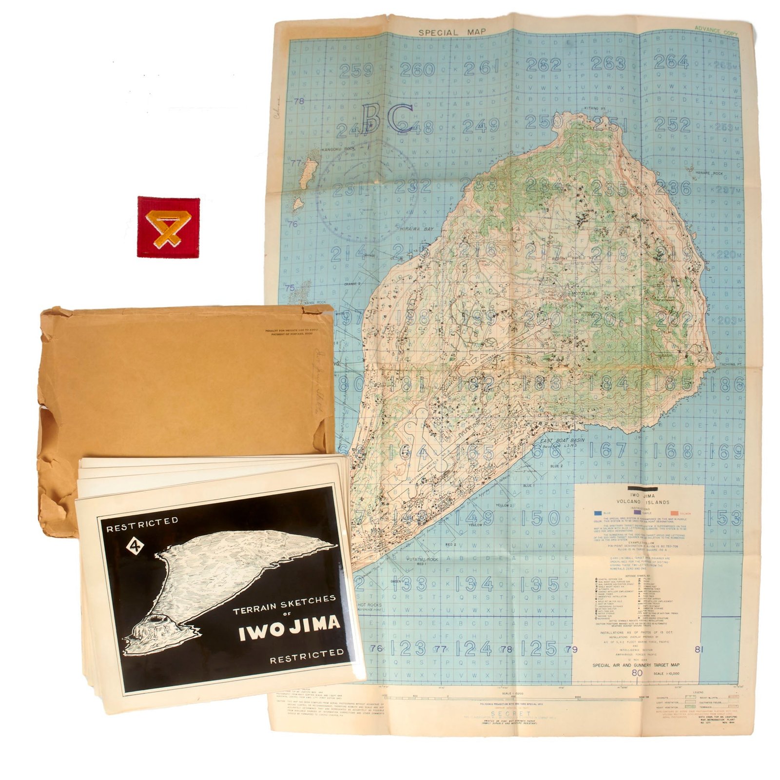 Buy Original U.S. WWII USMC Battle of Iwo Jima Large “Special Air & Gunnery Target Map” Invasion Map Dated November 1944 with Collection of 4th Marine Division Restricted Terrain Sketches of Iwo Jima - 28 x 40½” | Original Firearms Antique For Sale