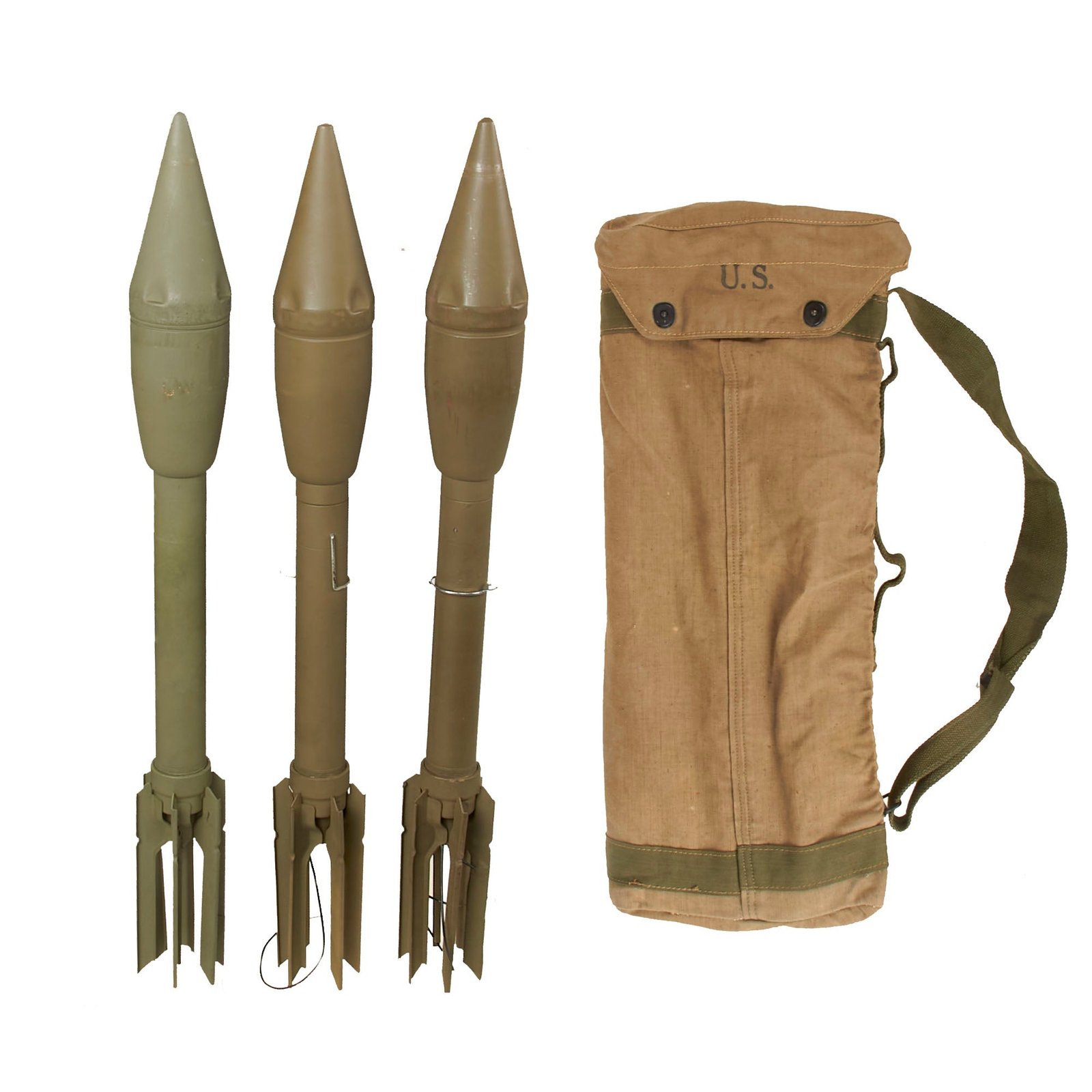 Buy Original U.S. WWII Second Pattern M6 Bazooka Rocket Bag Dated 1945 With (3) Inert 2.36” Rockets in Replacement Tubes | Original Firearms Antique For Sale