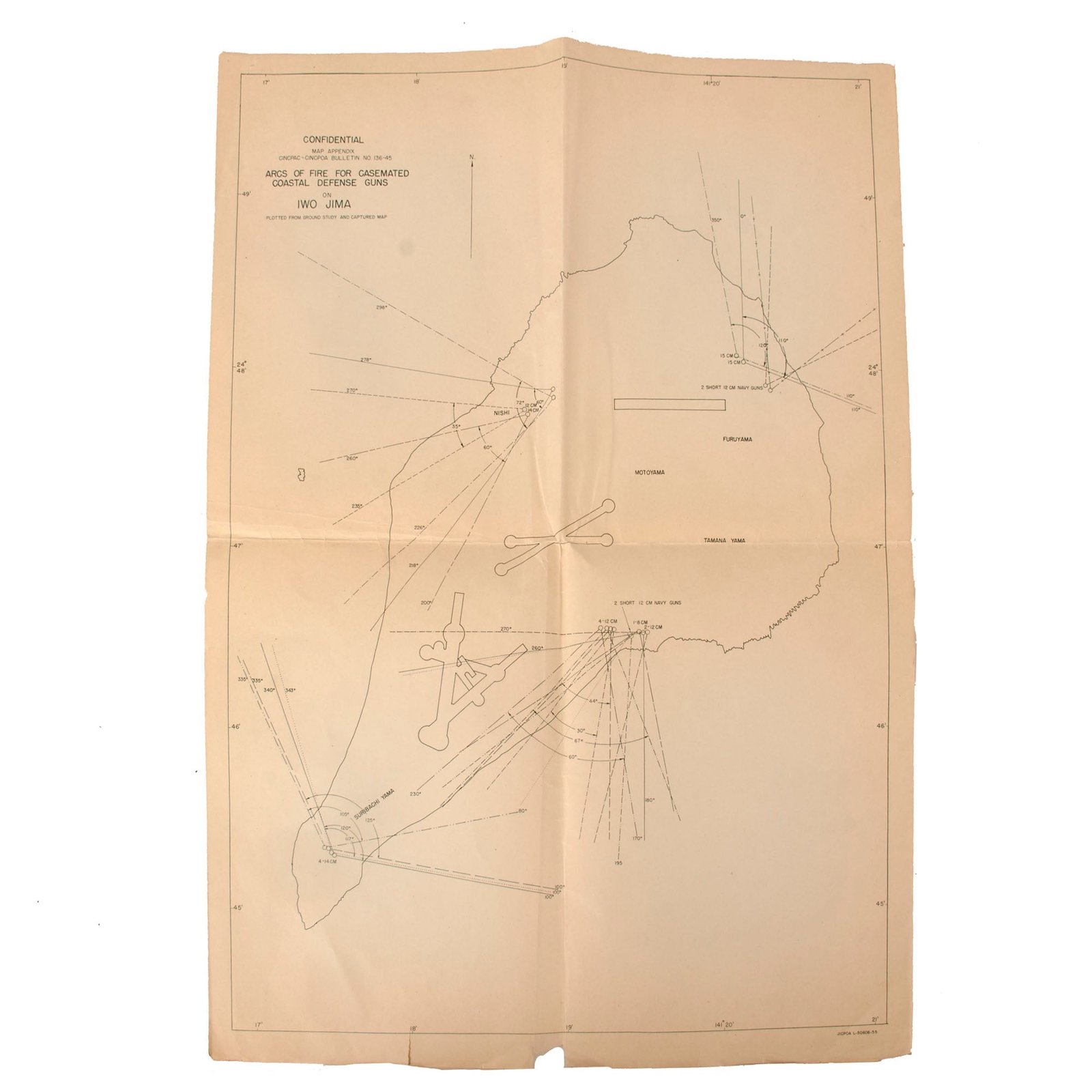 Buy Original U.S. WWII USMC Battle of Iwo Jima “Arcs of Fire for Casemated Coastal Defense Guns” Map - Extremely Scarce - 14 x 19¼” | Original Firearms Antique For Sale