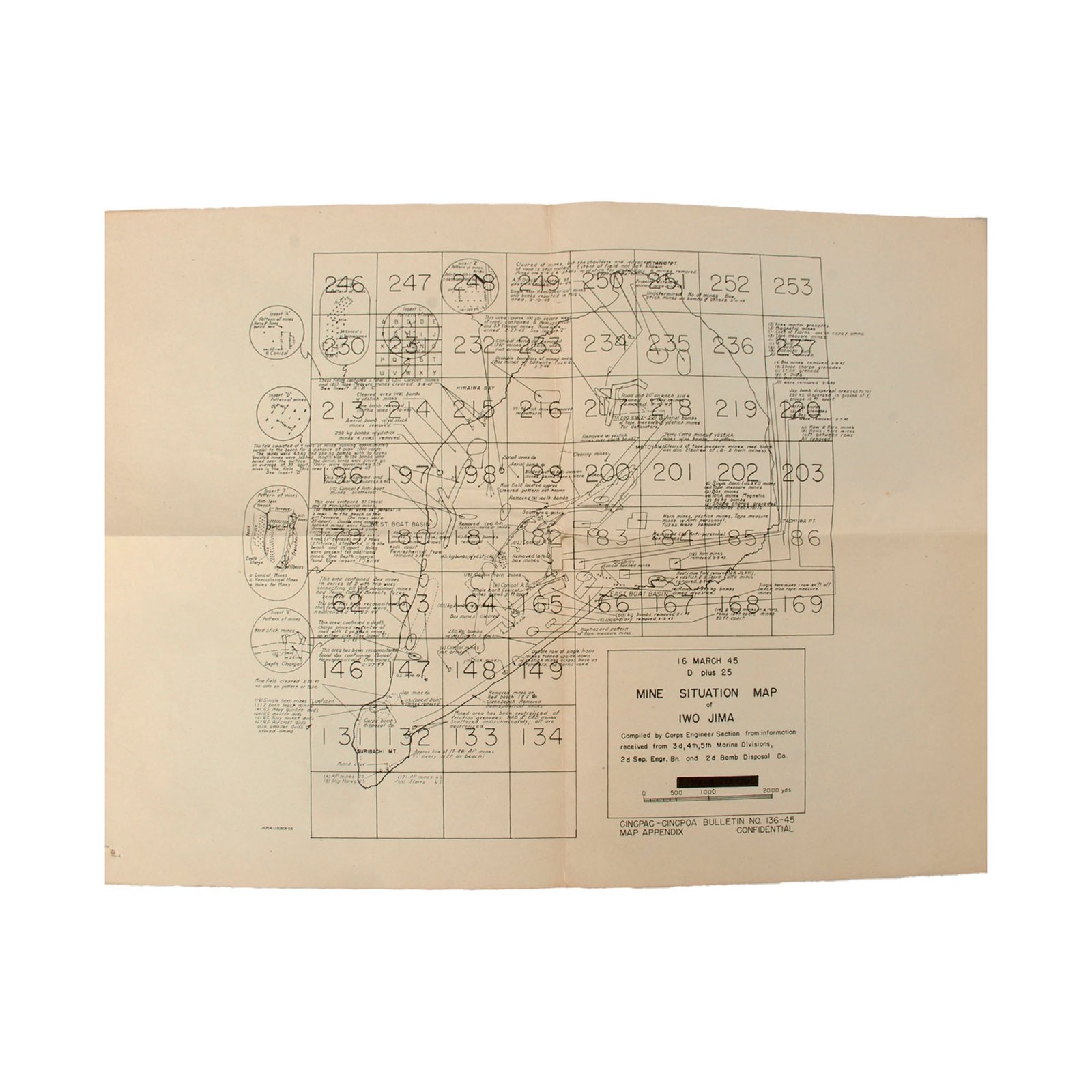 Buy Original U.S. WWII USMC Battle of Iwo Jima “Mine Situation Map” Compiled During Battle on March 16th, 1945 - Extremely Scarce - 14 x 19¼” | Original Firearms Antique For Sale