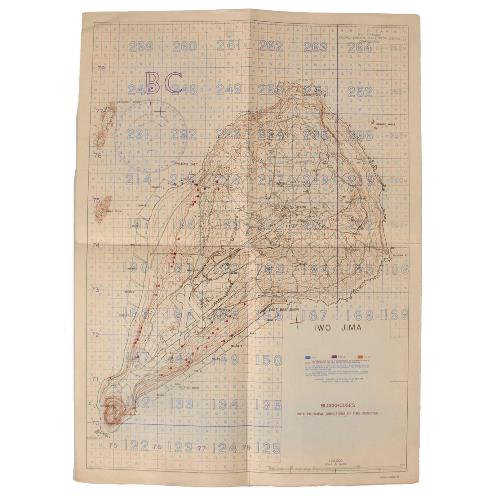 Buy Original U.S. WWII USMC Battle of Iwo Jima “Blockhouses with Principal Directions of Fire Indicated” Map - Extremely Scarce - 14 x 19¼” | Original Firearms Antique For Sale