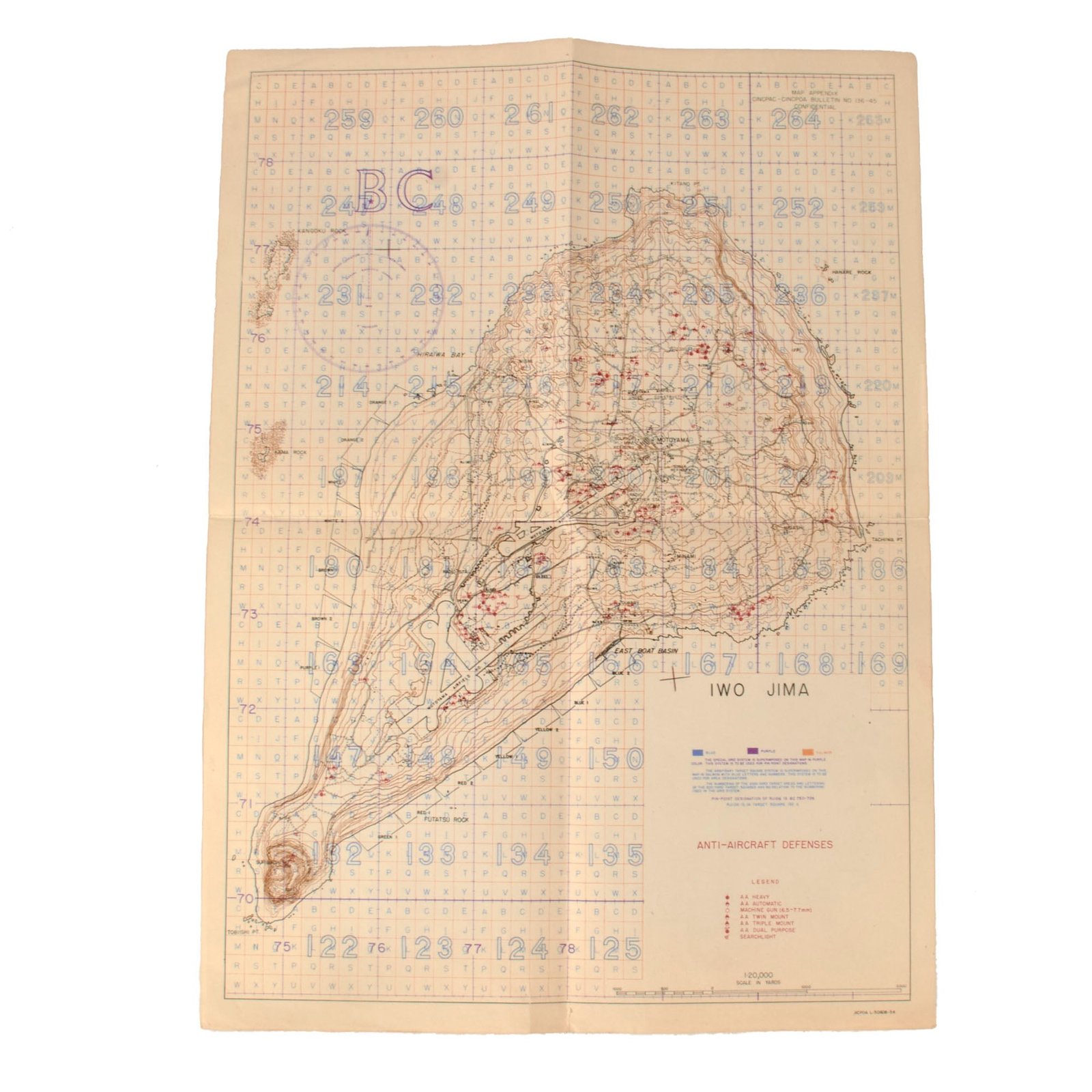 Buy Original U.S. WWII USMC Battle of Iwo Jima Anti-Aircraft Defenses Map - Extremely Scarce - 14 x 19¼” | Original Firearms Antique For Sale