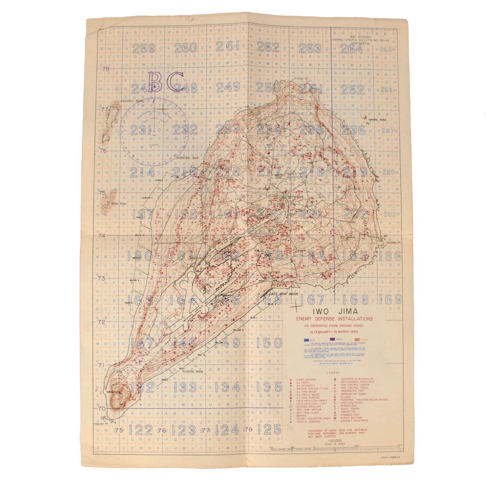 Buy Original U.S. WWII USMC Battle of Iwo Jima Enemy Defense Installations Map - Extremely Scarce - 14 x 19¼” | Original Firearms Antique For Sale