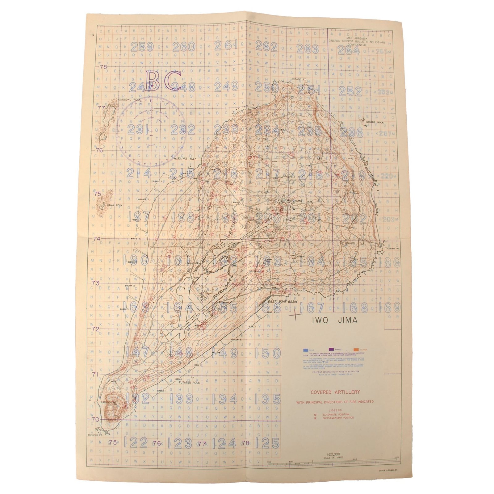 Buy Original U.S. WWII USMC Battle of Iwo Jima “Covered Artillery with Principal Directions of Fire Indicated” Map - Extremely Scarce - 14 x 19¼” | Original Firearms Antique For Sale