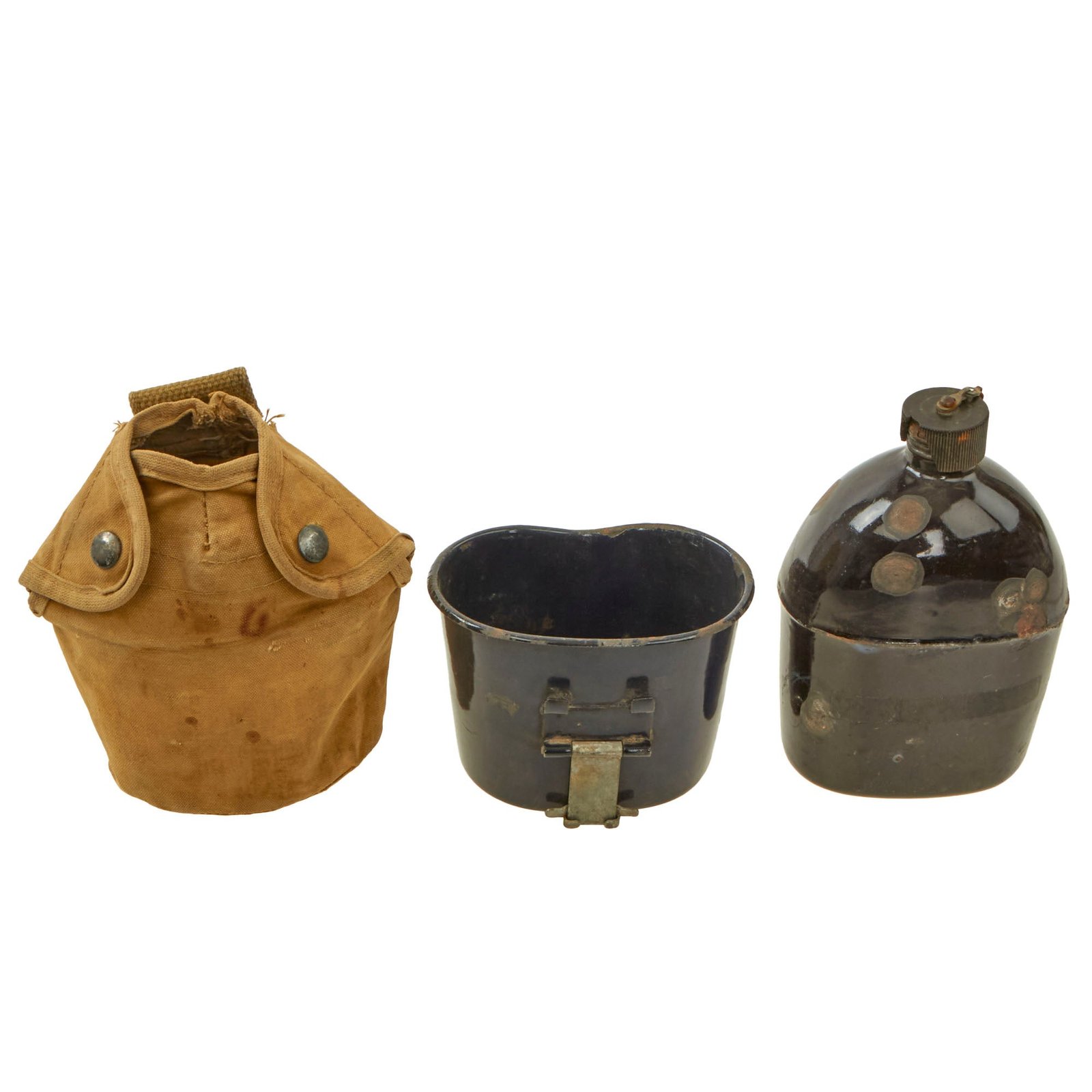 Buy Original U.S. WWII Rare M1942 Black Porcelain Enamel Canteen With Matching Cup in 1st Pattern USMC Cover - Dated 1942 | Original Firearms Antique For Sale