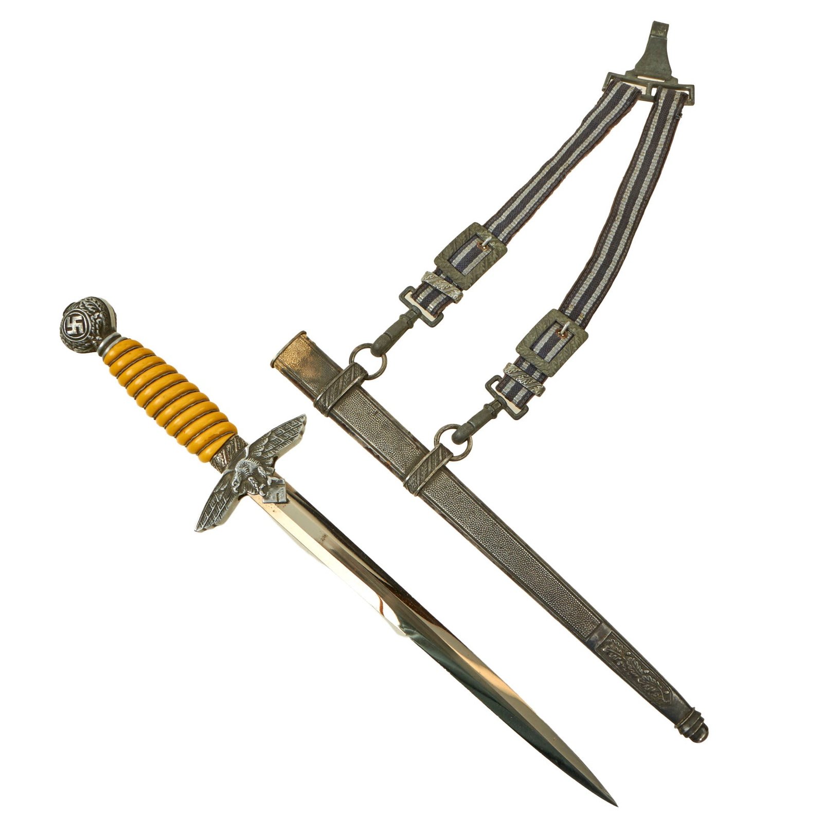 Buy Original WWII German 2nd Model Nickel Plated Luftwaffe Dagger by Paul Weyersberg with Scabbard and Hanger | Original Firearms Antique For Sale