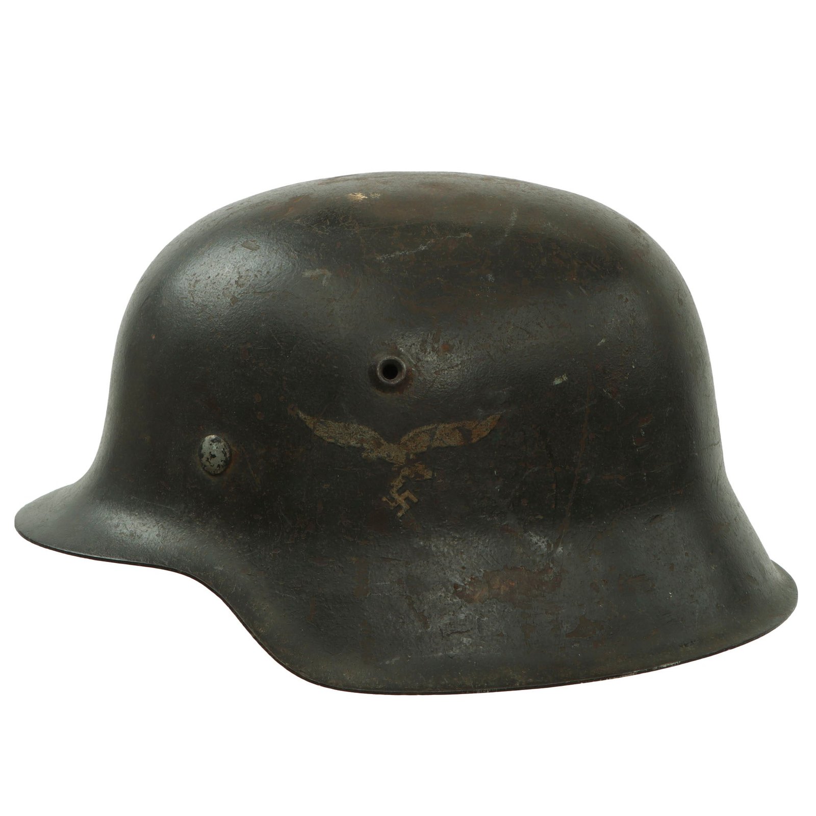 Original German WWII Luftwaffe M42 Single Decal Helmet with Post War Replaced Liner Leather - Size 66 Shell