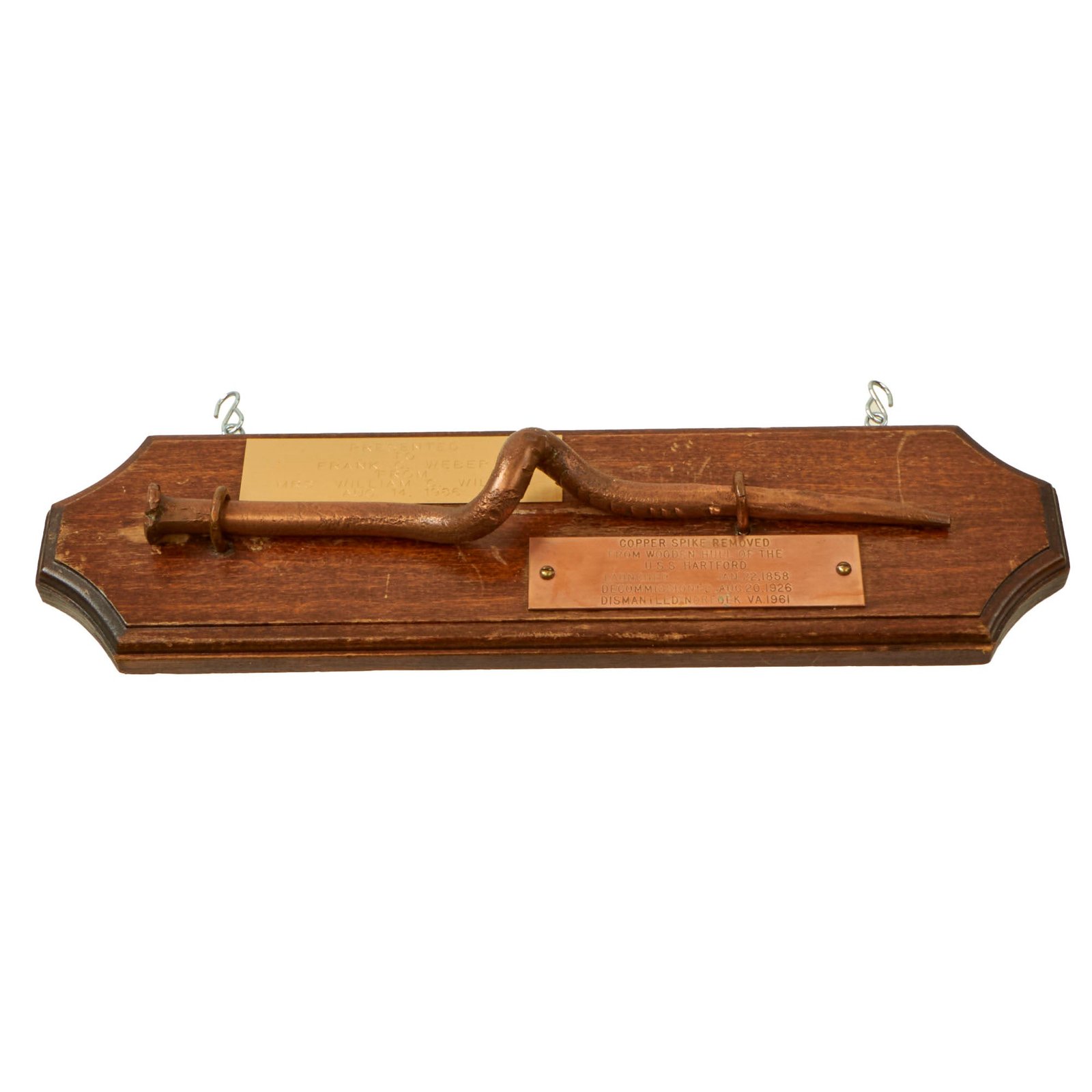 Buy Original U.S. Civil War Copper Spike from Wooden Hull of USS Hartford on Presentation Plaque | Original Firearms Antique For Sale