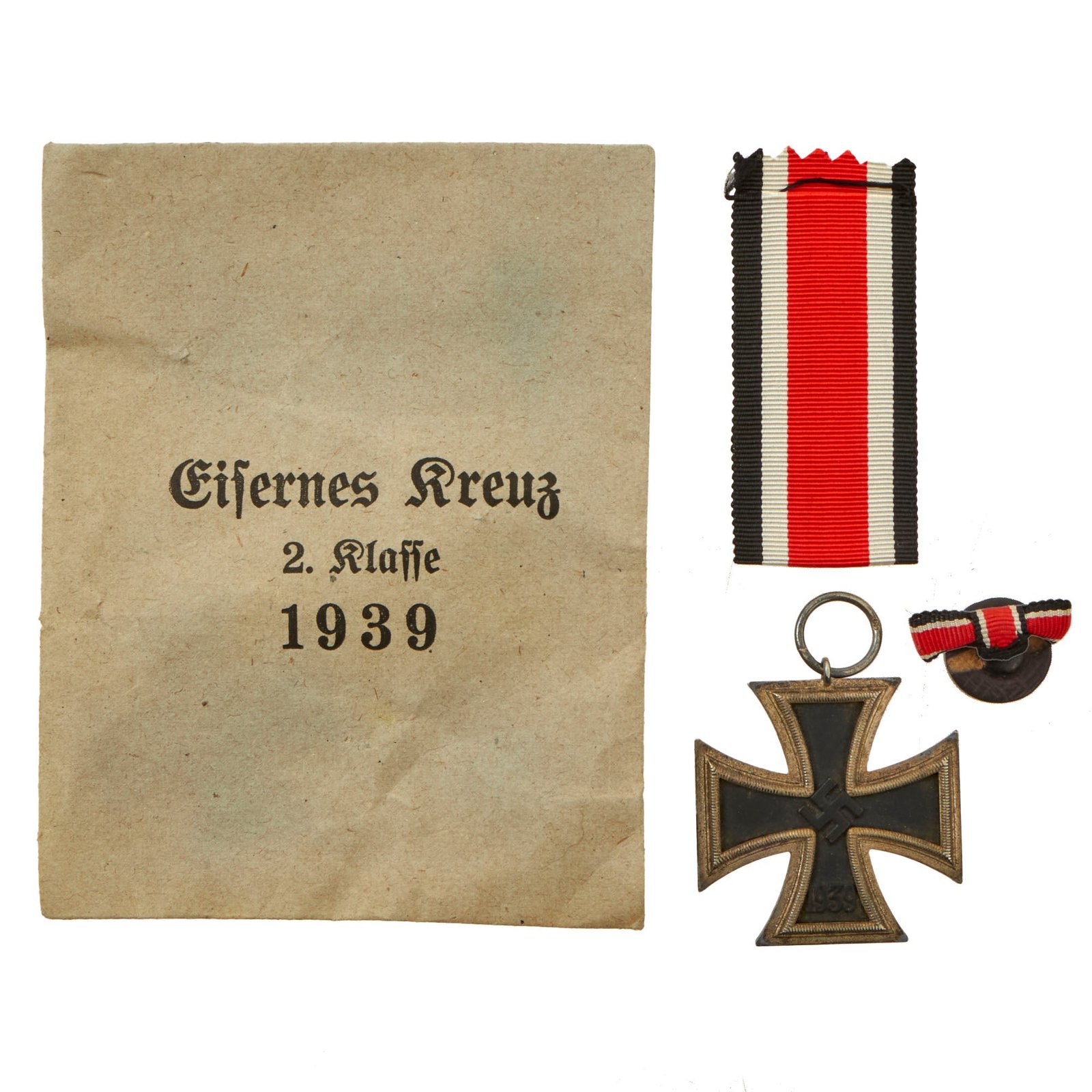 Buy Original German WWII Wehrmacht Iron Cross 2nd Class 1939 by Klein & Quenzer A.G. with Ribbon and Button Ribbon in Paper Packet - EKII | Original Firearms Antique For Sale